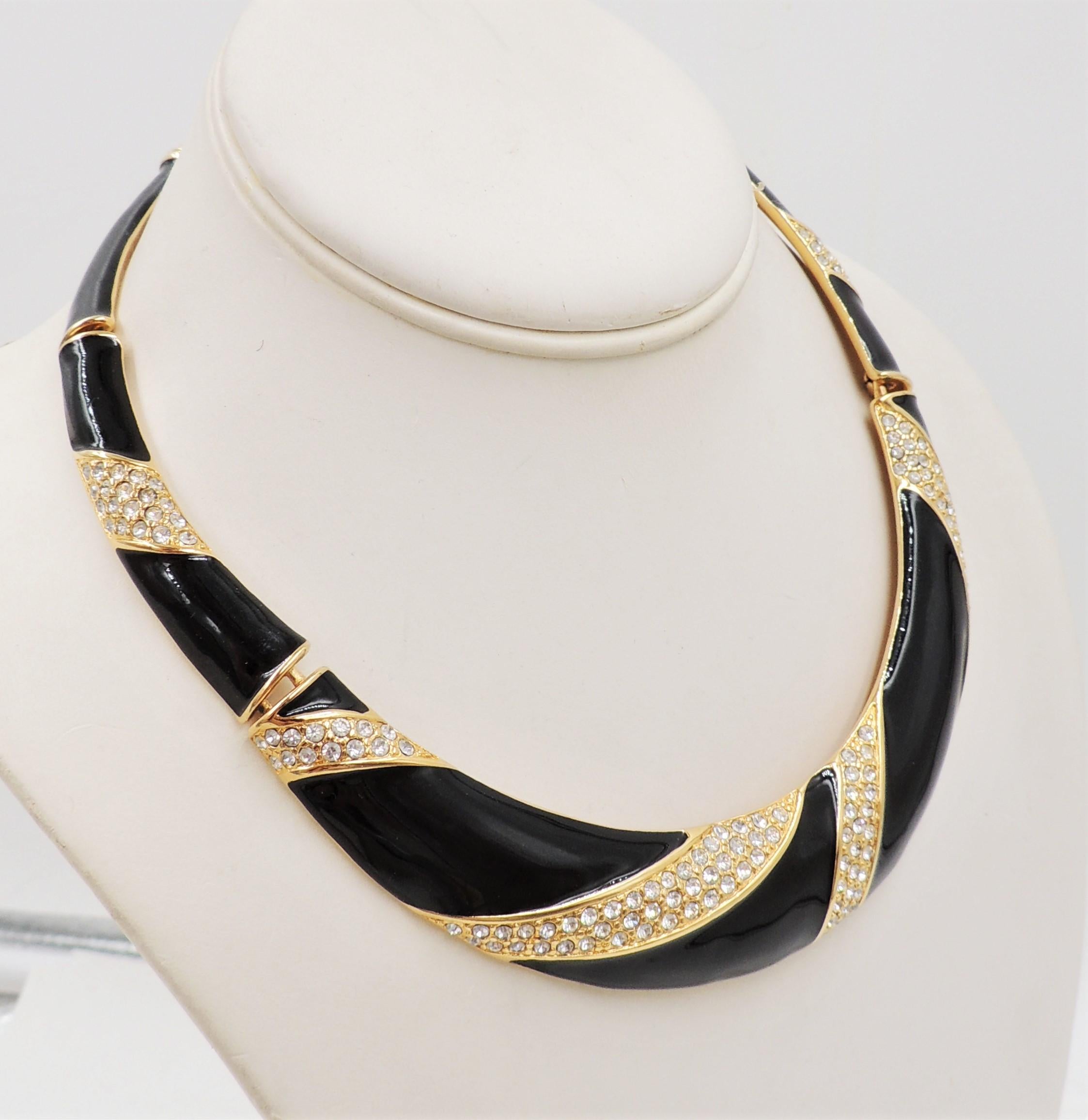 Vintage Signed Monet Black Enamel & Pave Clear Rhinestone Necklace 1987 Ad Piece In Excellent Condition For Sale In Easton, PA