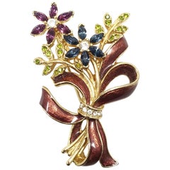 Retro Signed Monet Multi-Color Crystals and Enameling Floral Brooch