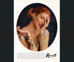 Vintage Signed Monet Rhodium Plated Laurels Bracelet, 1956 Ad Piece