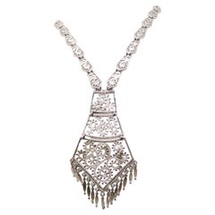 Vintage Signed Monet Rhodium Plated "Paisley" Tie-Like Pendant Fringe Necklace