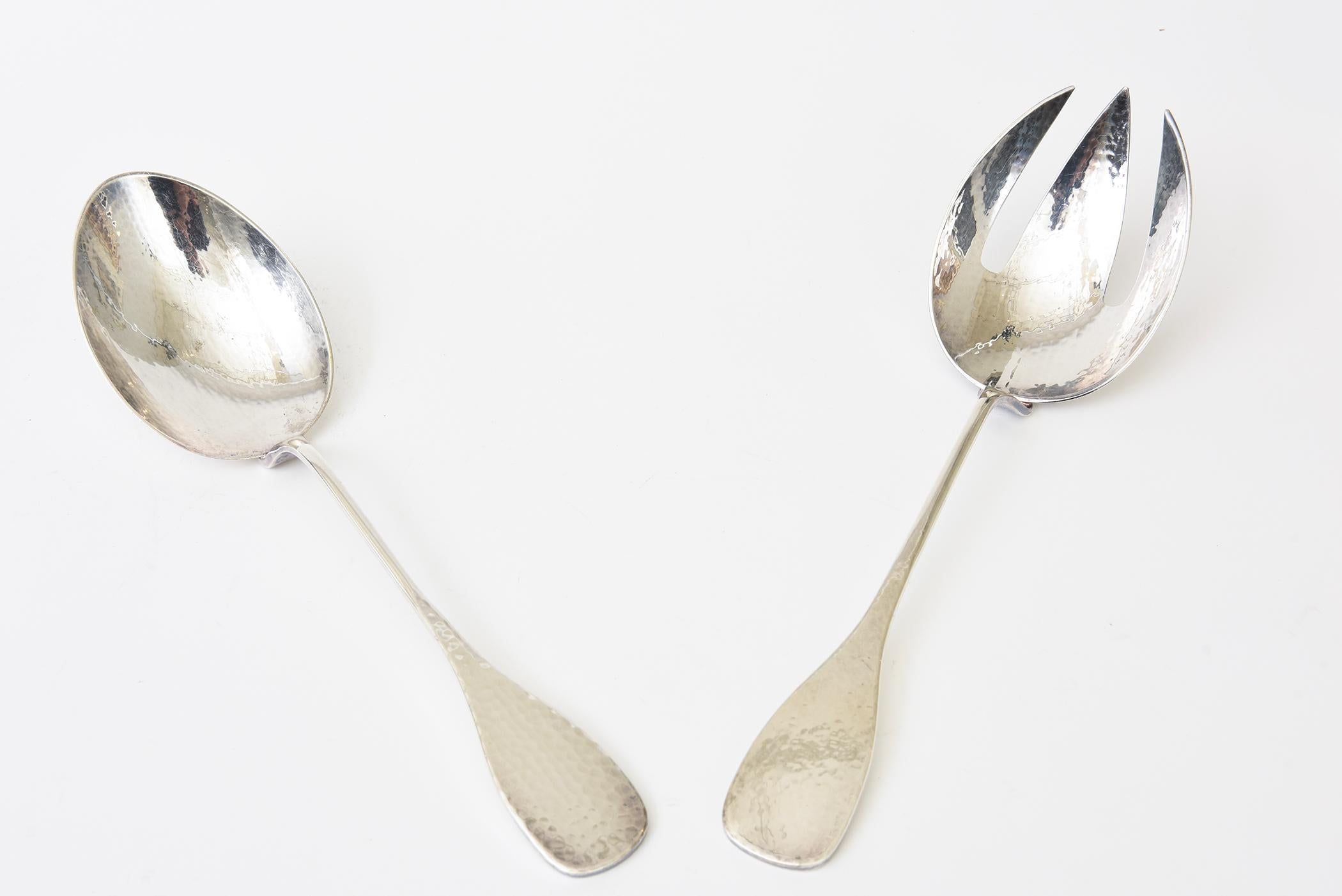 Vintage Signed Monumental Hand Hammered Silver-Plate Salad Servers Or Serving For Sale 5
