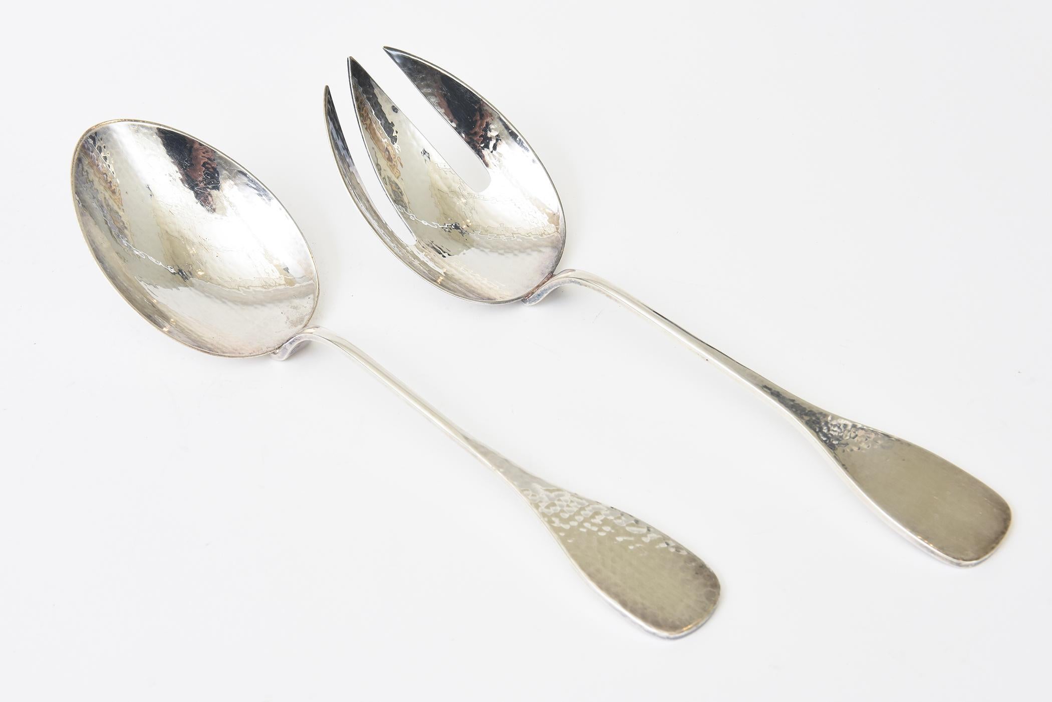 Modern Vintage Signed Monumental Hand Hammered Silver-Plate Salad Servers Or Serving For Sale