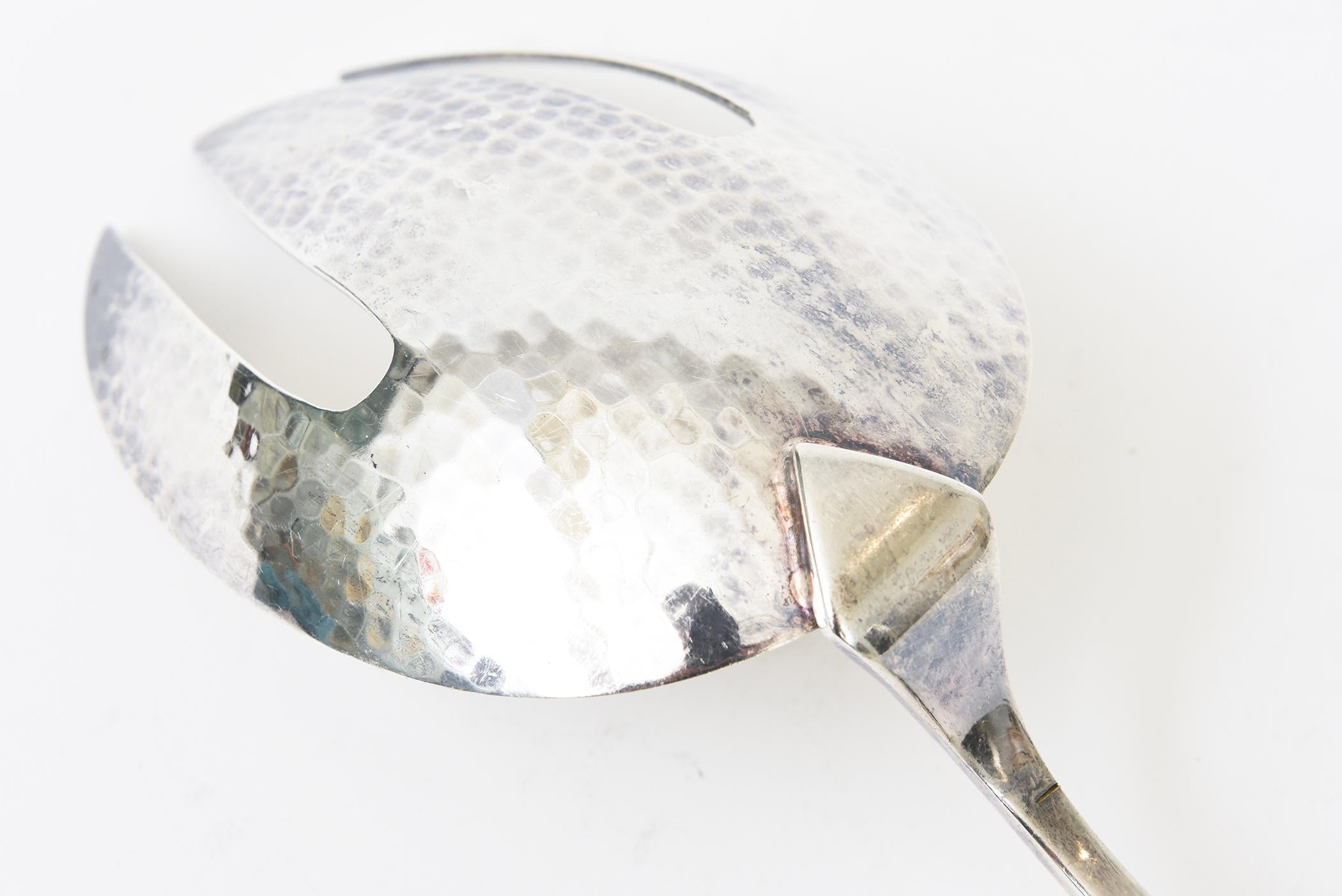 Silver Plate Vintage Signed Monumental Hand Hammered Silver-Plate Salad Servers Or Serving For Sale