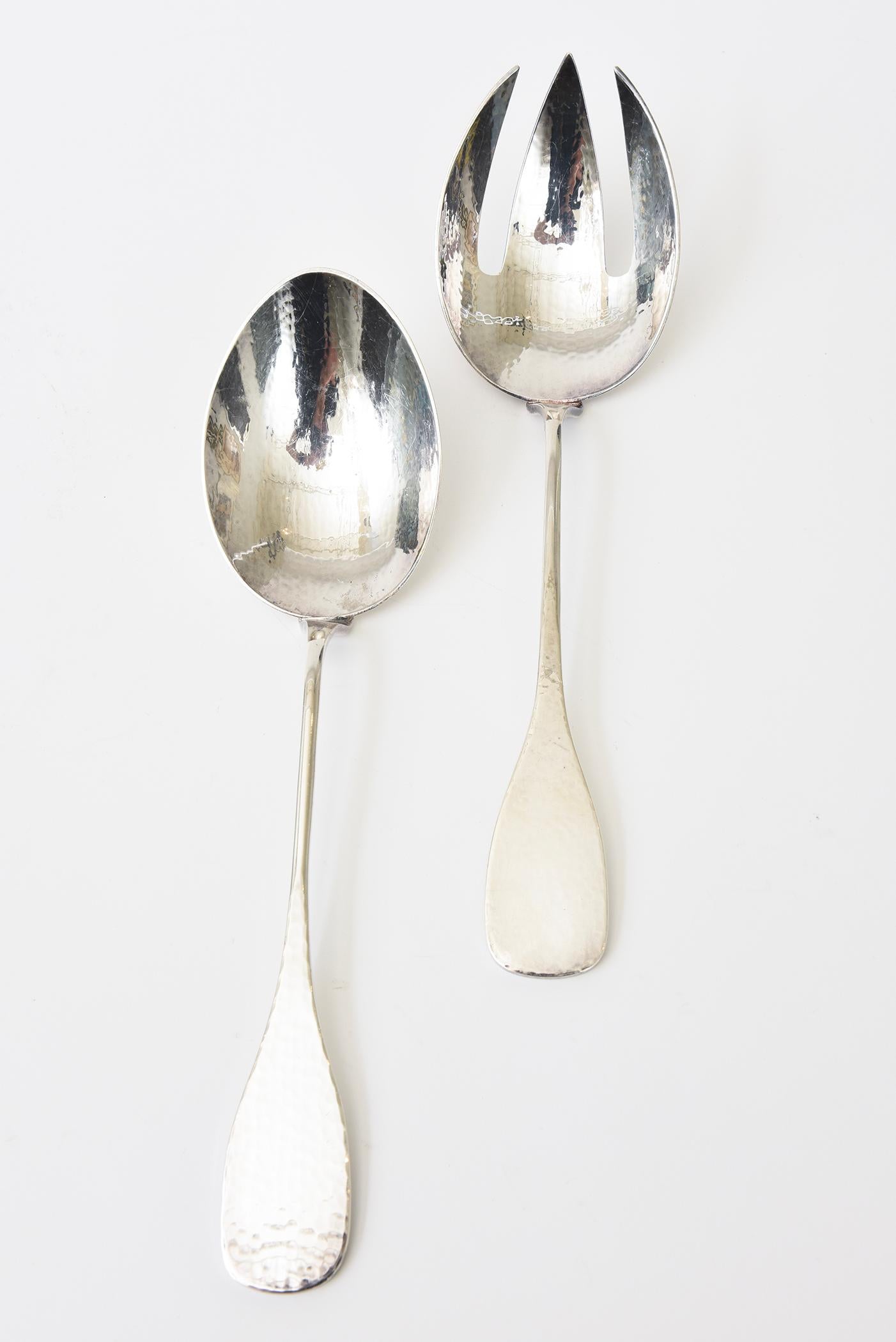 Vintage Signed Monumental Hand Hammered Silver-Plate Salad Servers Or Serving For Sale 1