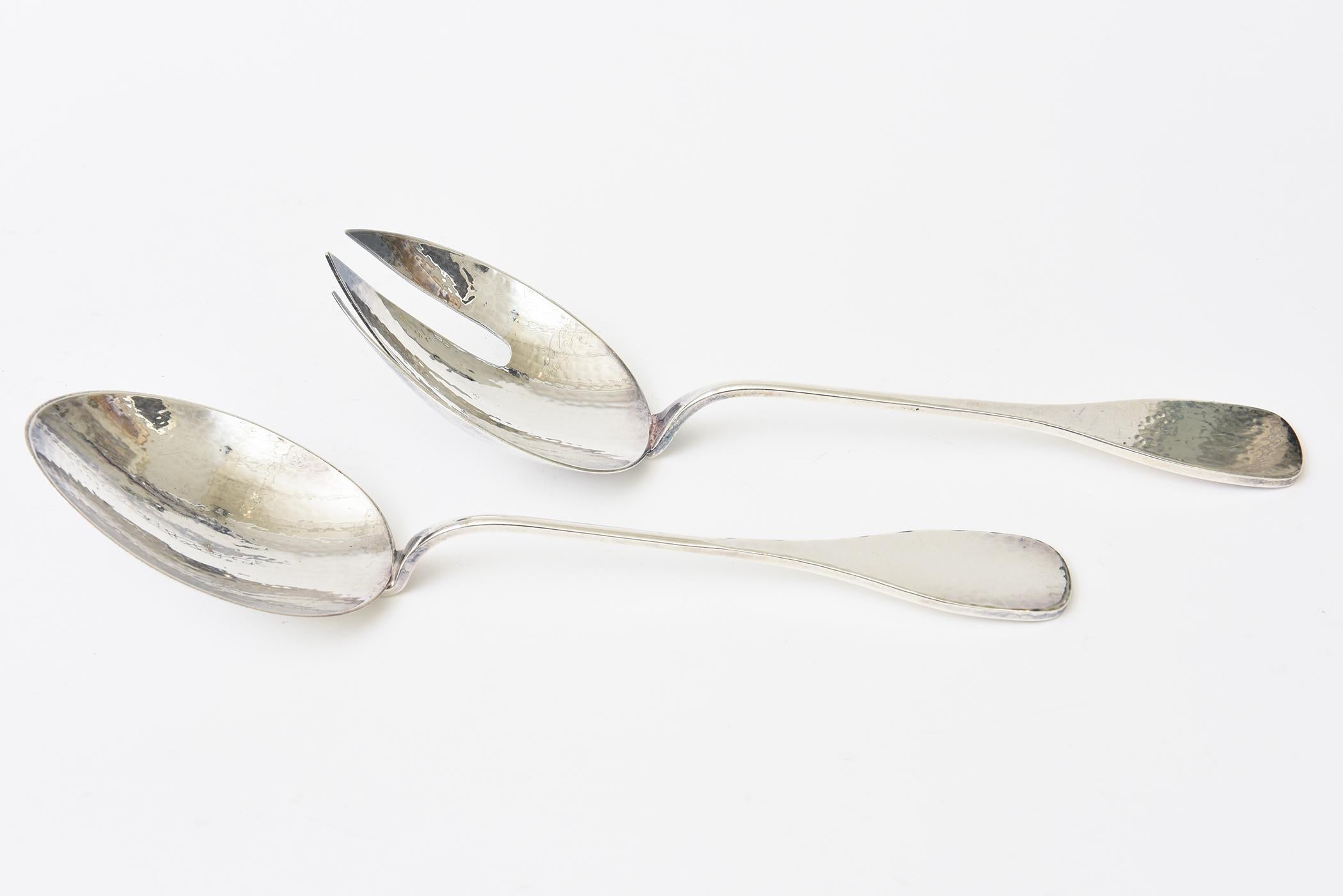Vintage Signed Monumental Hand Hammered Silver-Plate Salad Servers Or Serving For Sale 2