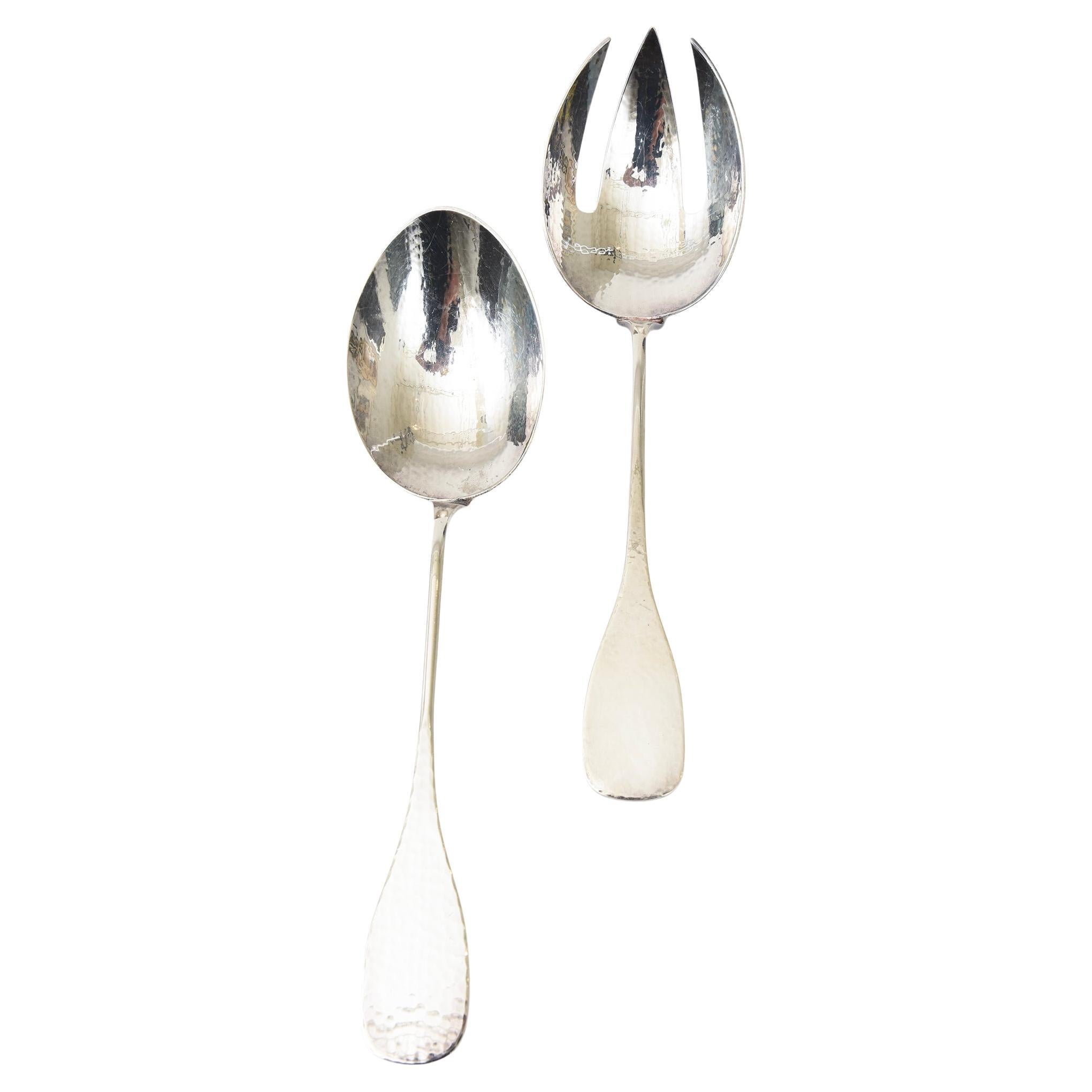 Vintage Signed Monumental Hand Hammered Silver-Plate Salad Servers Or Serving For Sale