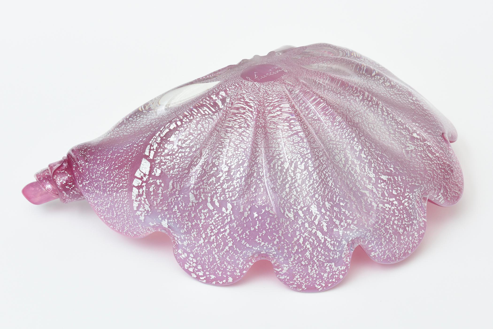 Vintage Signed Murano Large Pink and Silver Foil Clam Shell Coiled Glass Bowl For Sale 7
