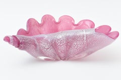 Vintage Signed Murano Hot Pink With Silver Foil Glass Clam Shell Bowl 1980s