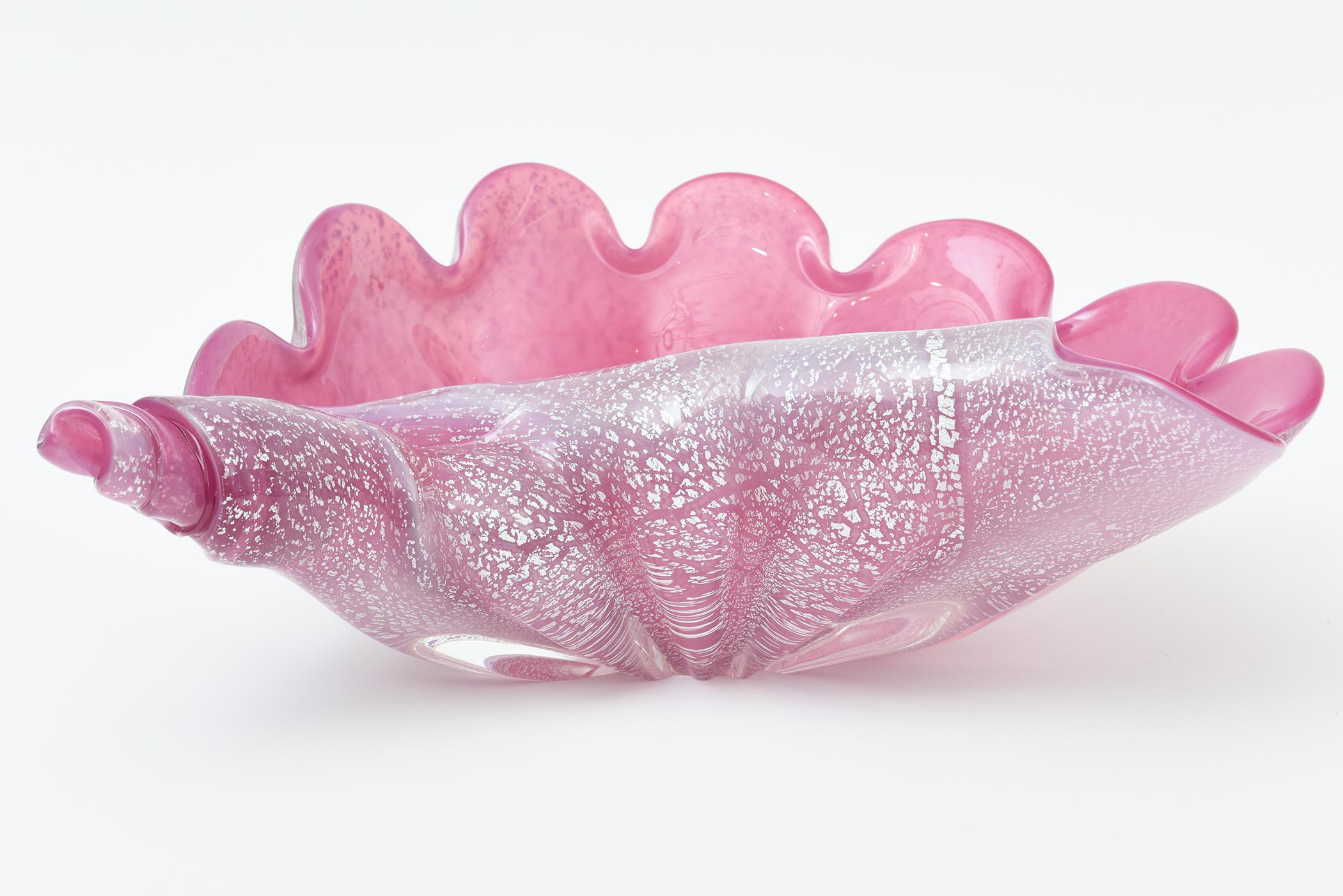 Modern Vintage Signed Murano Large Pink and Silver Foil Clam Shell Coiled Glass Bowl For Sale