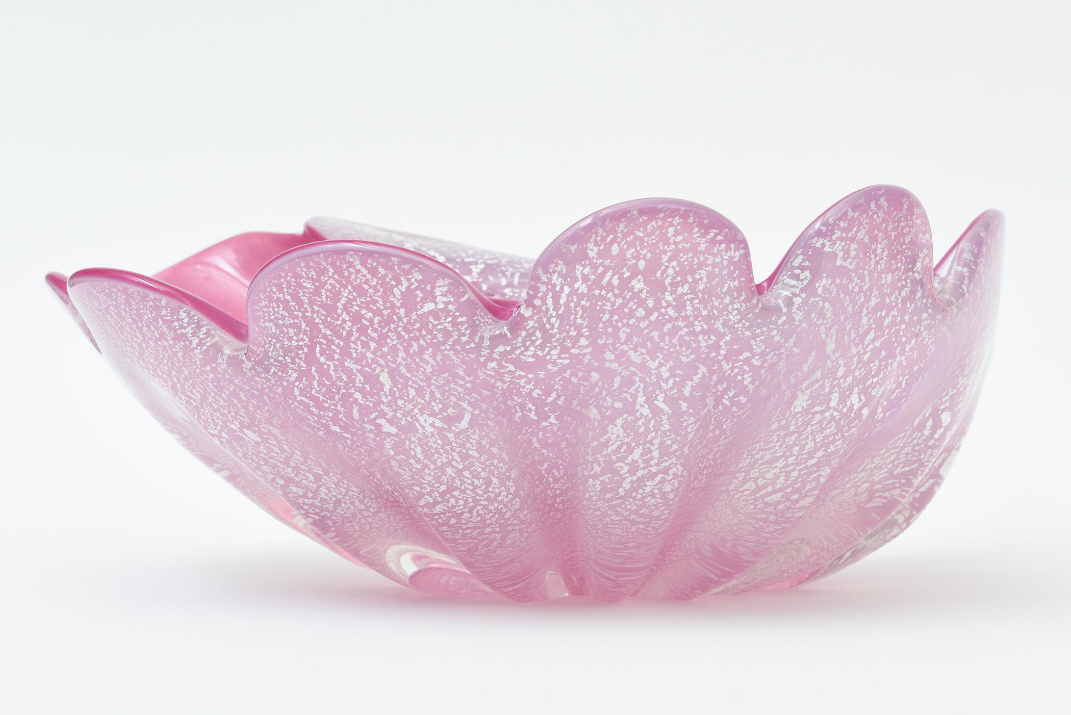 Vintage Signed Murano Large Pink and Silver Foil Clam Shell Coiled Glass Bowl For Sale 2