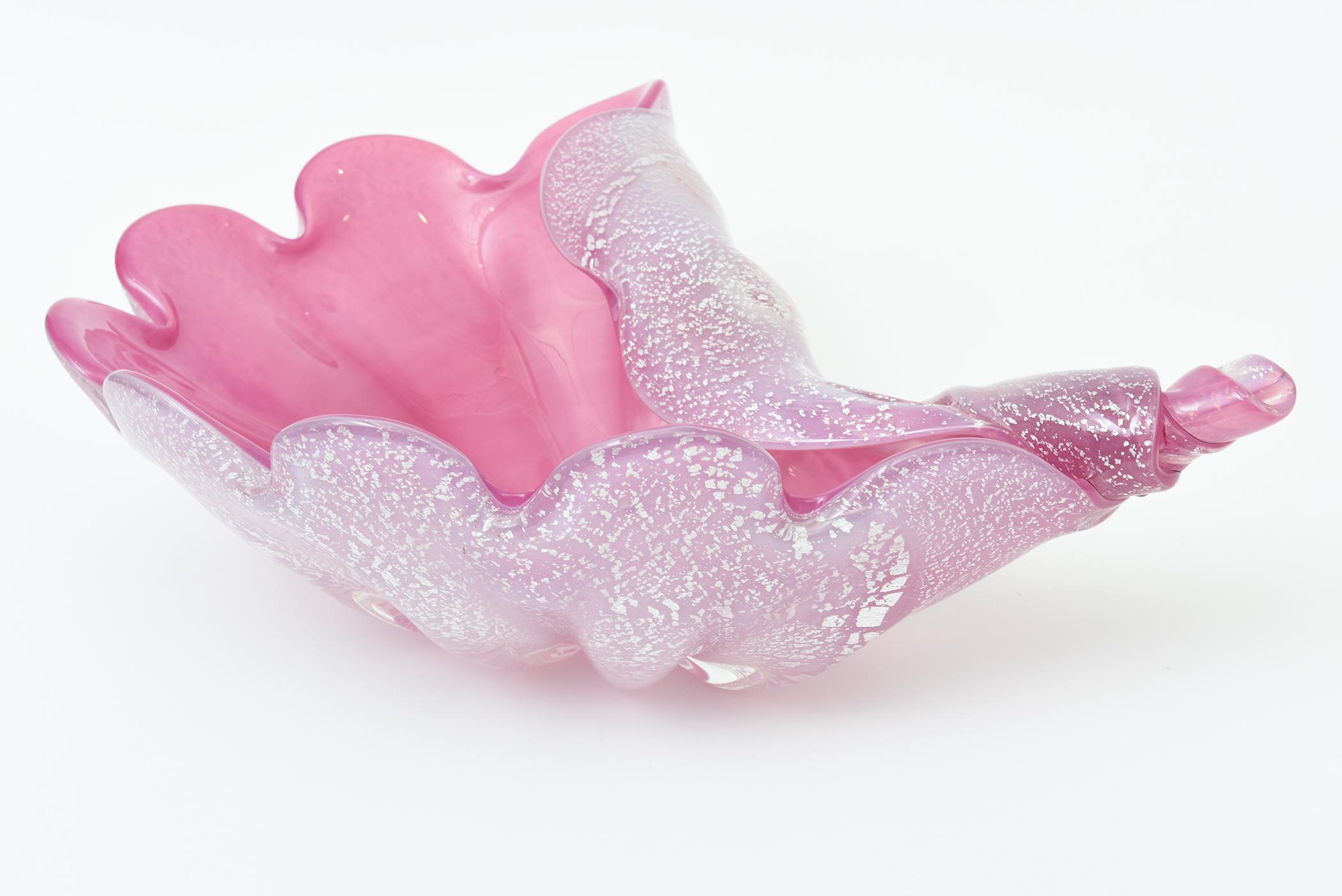 Vintage Signed Murano Large Pink and Silver Foil Clam Shell Coiled Glass Bowl For Sale 3