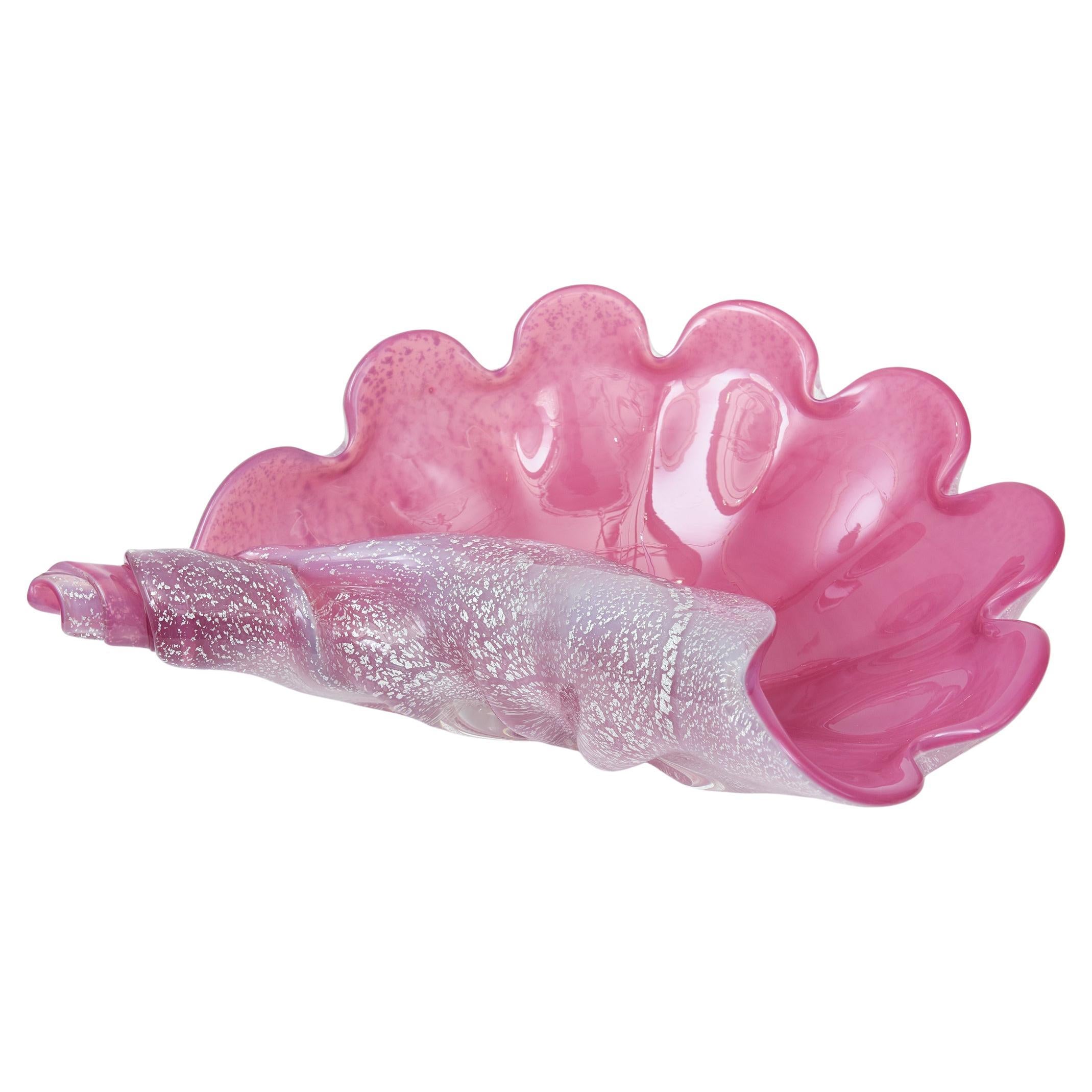 Vintage Signed Murano Large Pink and Silver Foil Clam Shell Coiled Glass Bowl For Sale
