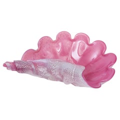 Vintage Signed Murano Large Pink and Silver Foil Clam Shell Coiled Glass Bowl (bol en verre enroulé en forme de coquille de palourde)