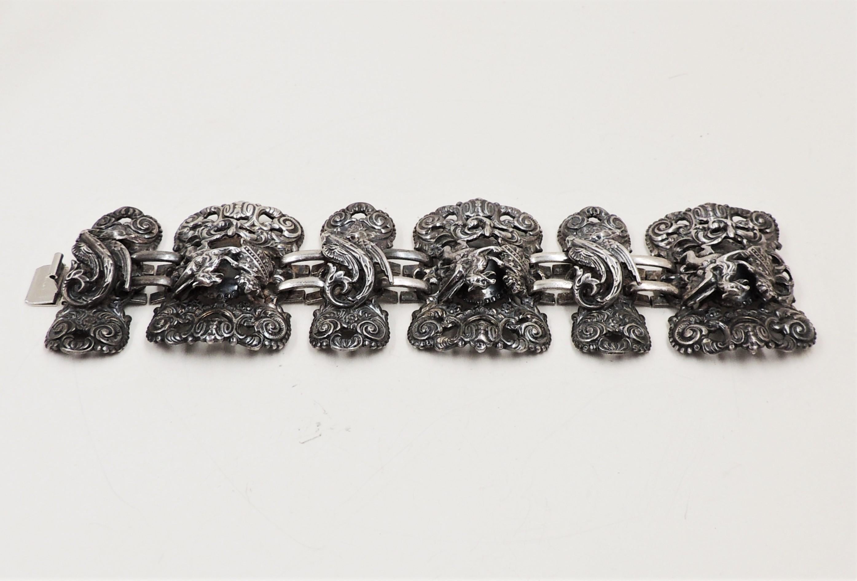Vintage Signed Napier Book Piece Silvertone Griffin Coat of Arms Bracelet, 1972 2