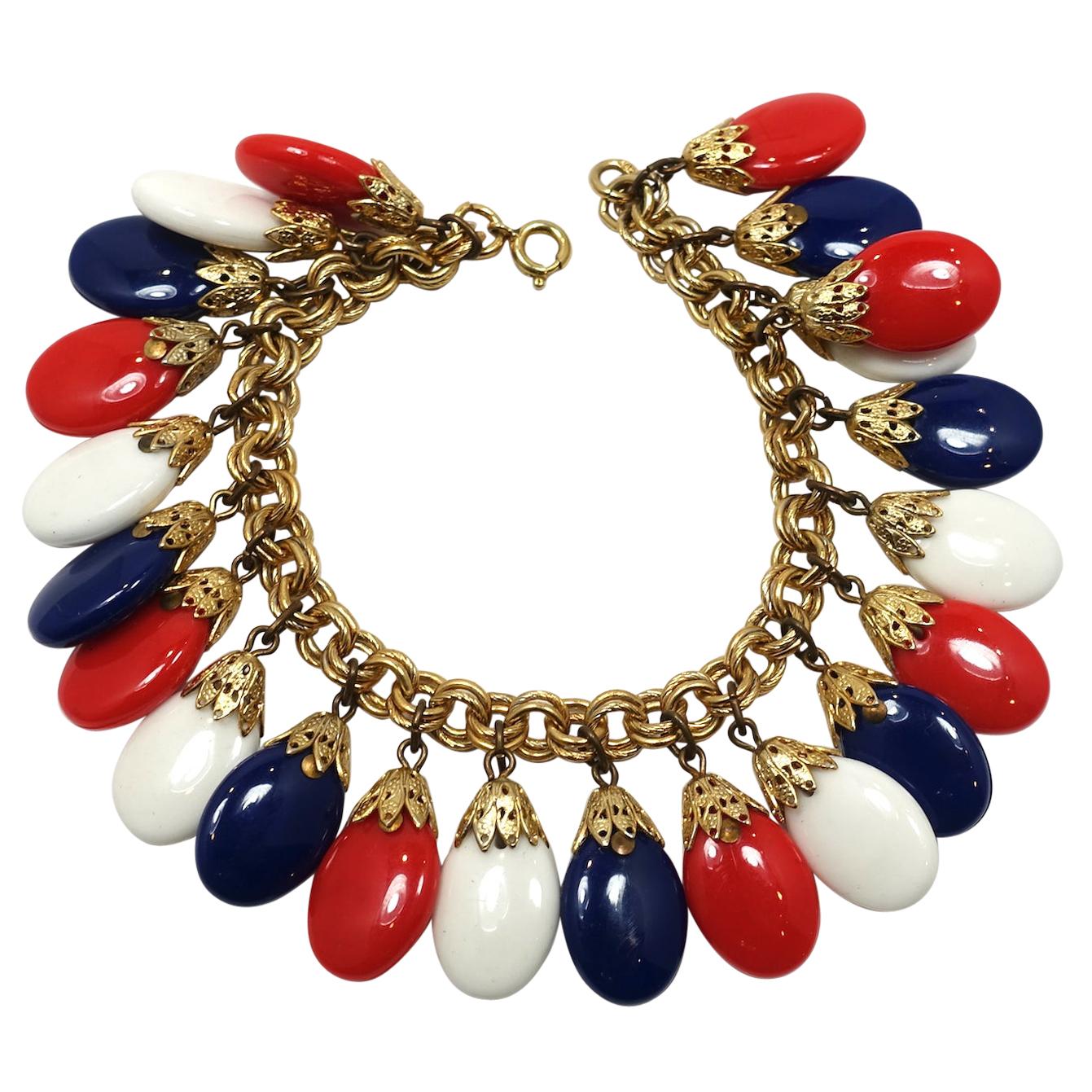 Vintage Signed Napier Red, White & Blue Drops Bracelet For Sale