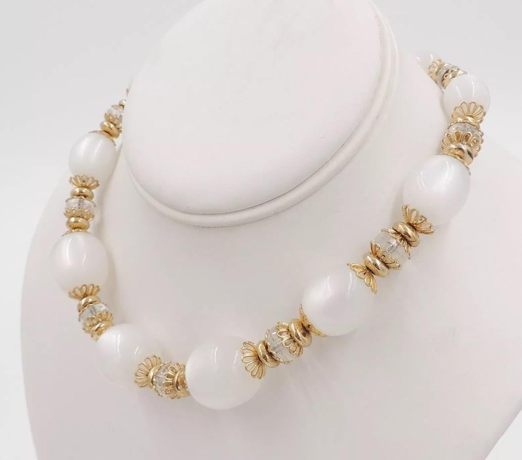 Modern Vintage Signed Napier White Moonglow & Glass Beads Necklace For Sale
