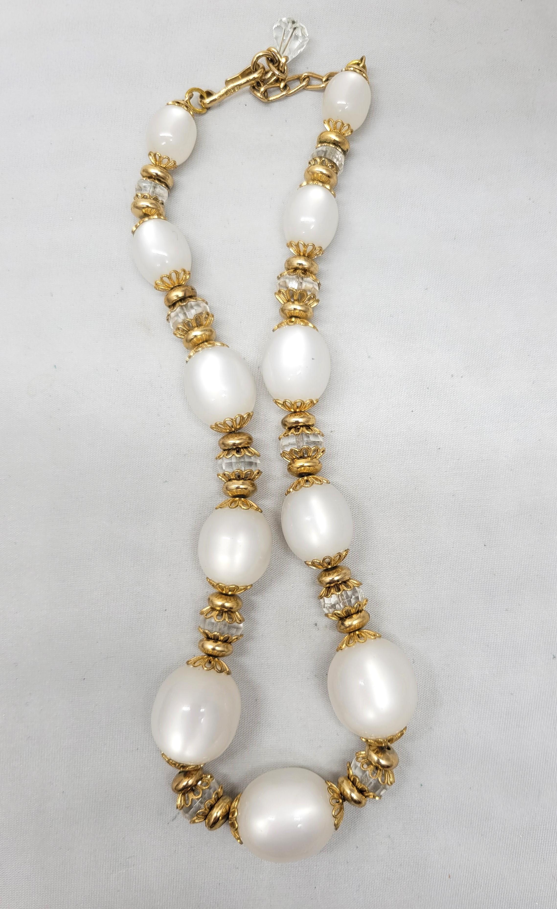 Women's Vintage Signed Napier White Moonglow & Glass Beads Necklace For Sale