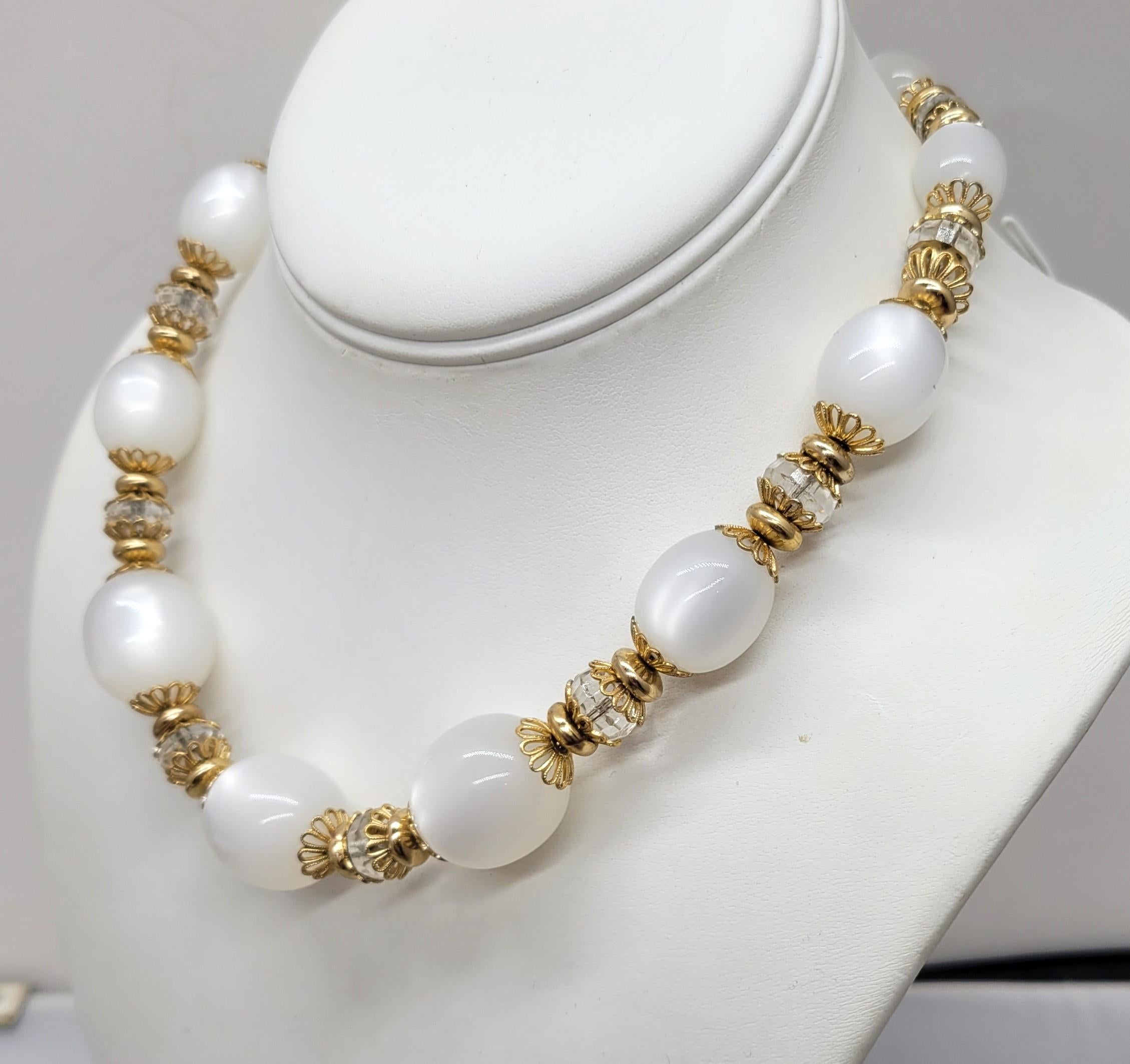 Vintage Signed Napier White Moonglow & Glass Beads Necklace For Sale 2