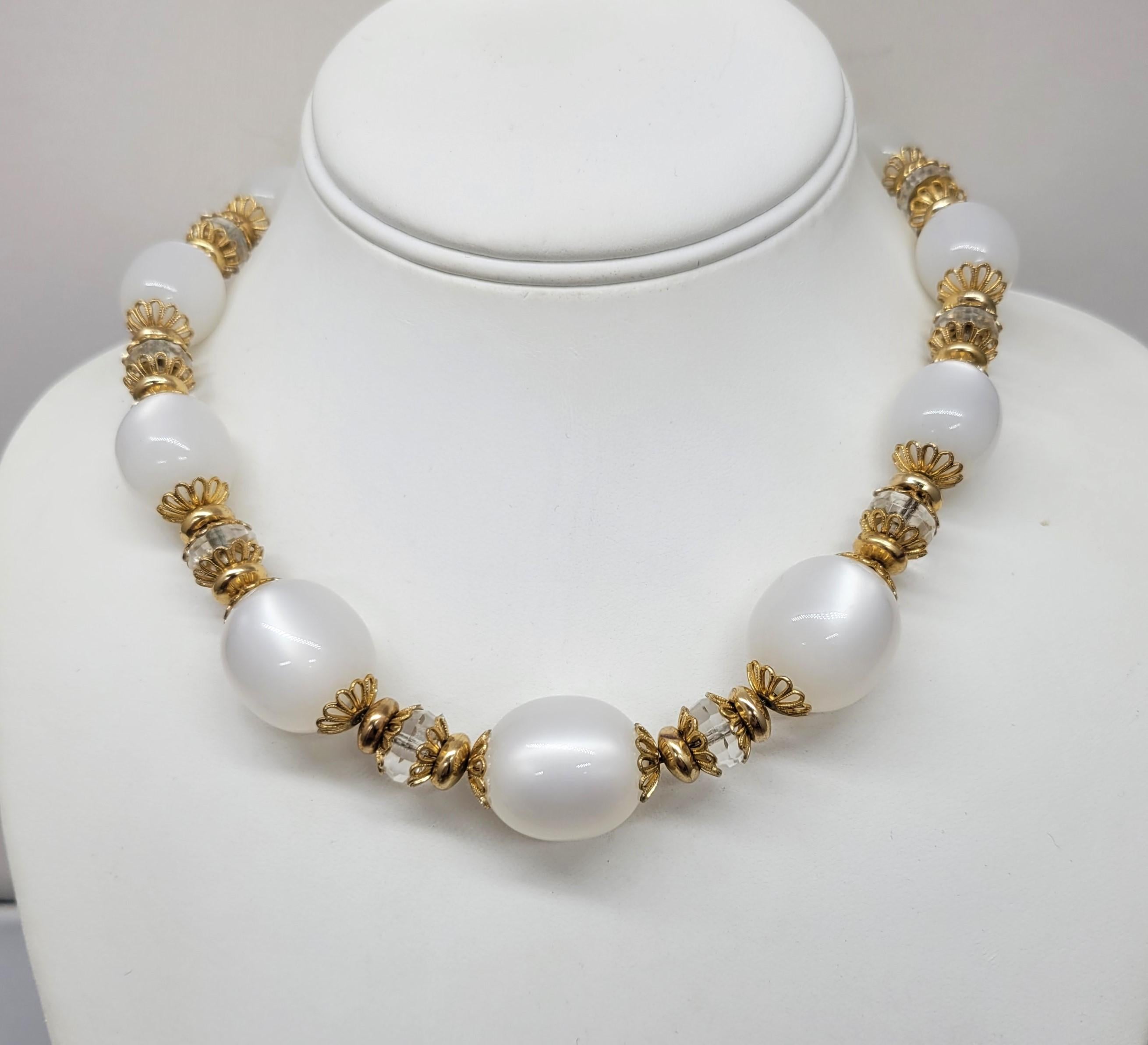 Vintage Signed Napier White Moonglow & Glass Beads Necklace For Sale 3