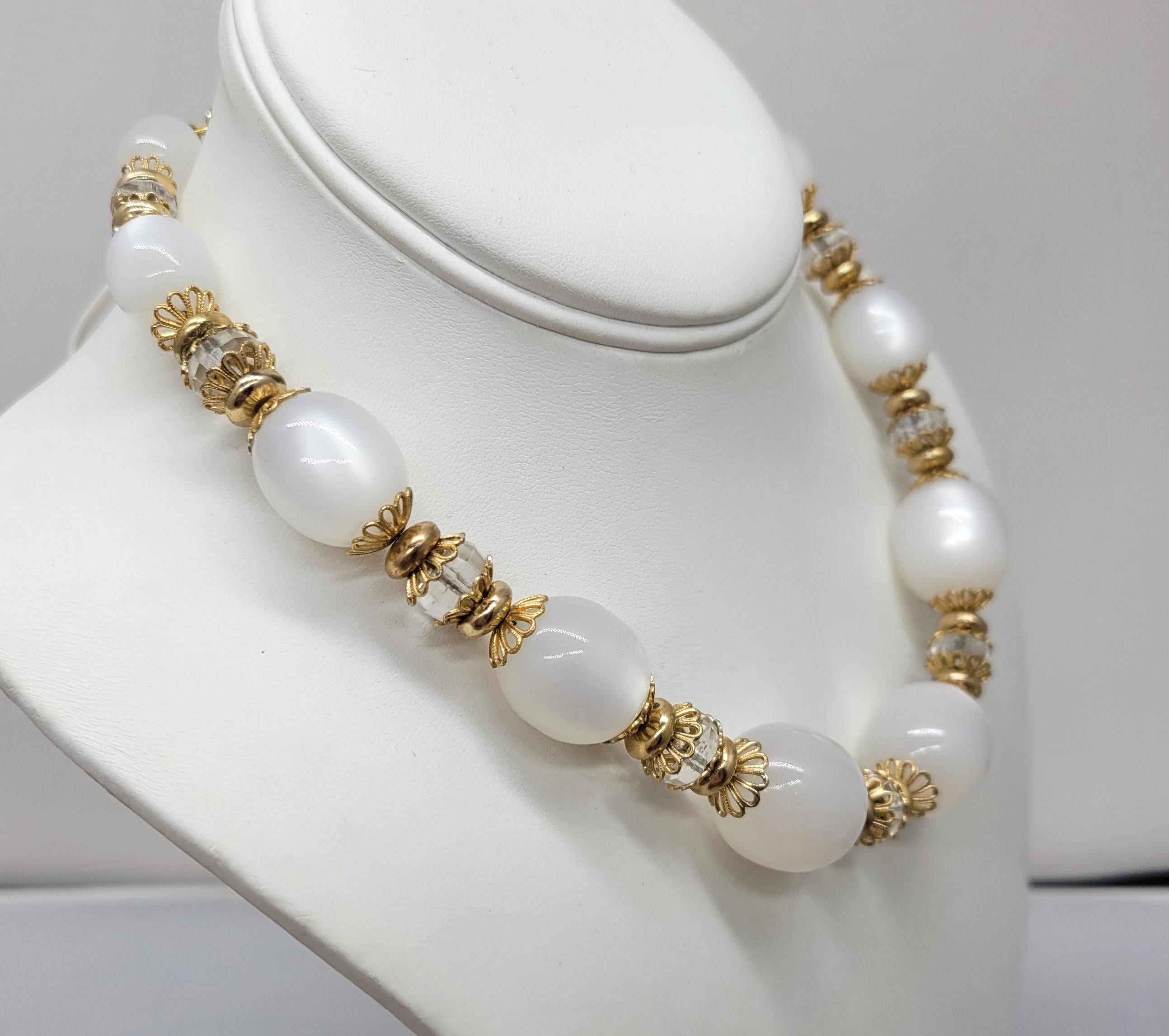 Vintage Signed Napier White Moonglow & Glass Beads Necklace For Sale 4