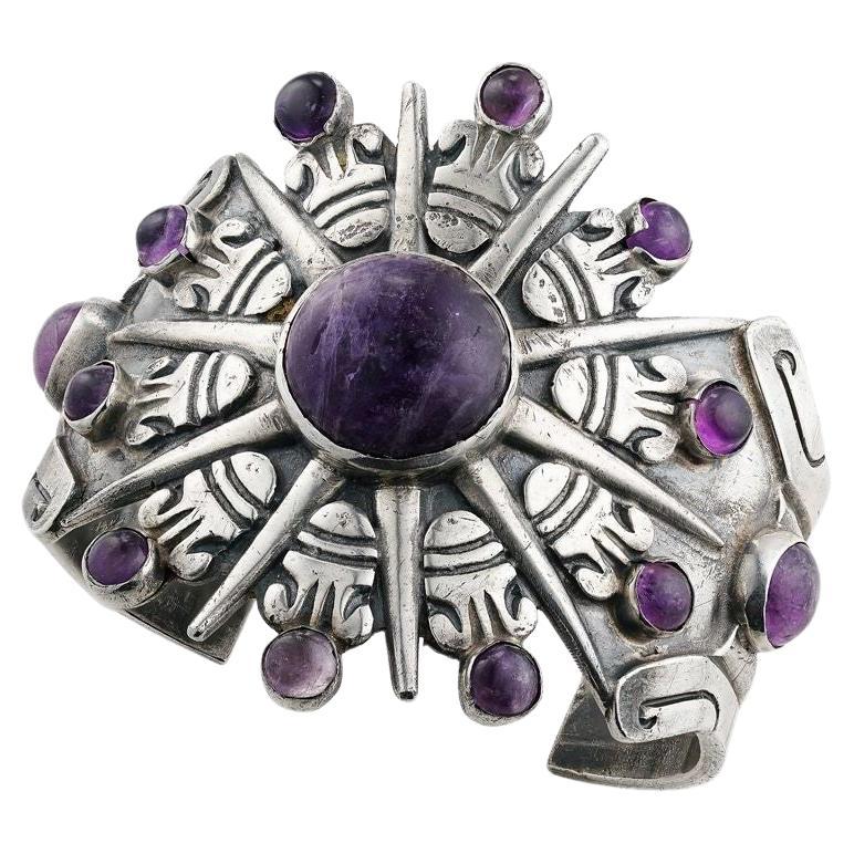 Vintage Signed Native American Navajo Amethyst Sterling Silver Cuff Bracelet For Sale