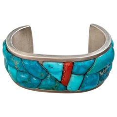 Vintage Signed Native American Turquoise and Coral Sterling Silver Cuff Bracelet