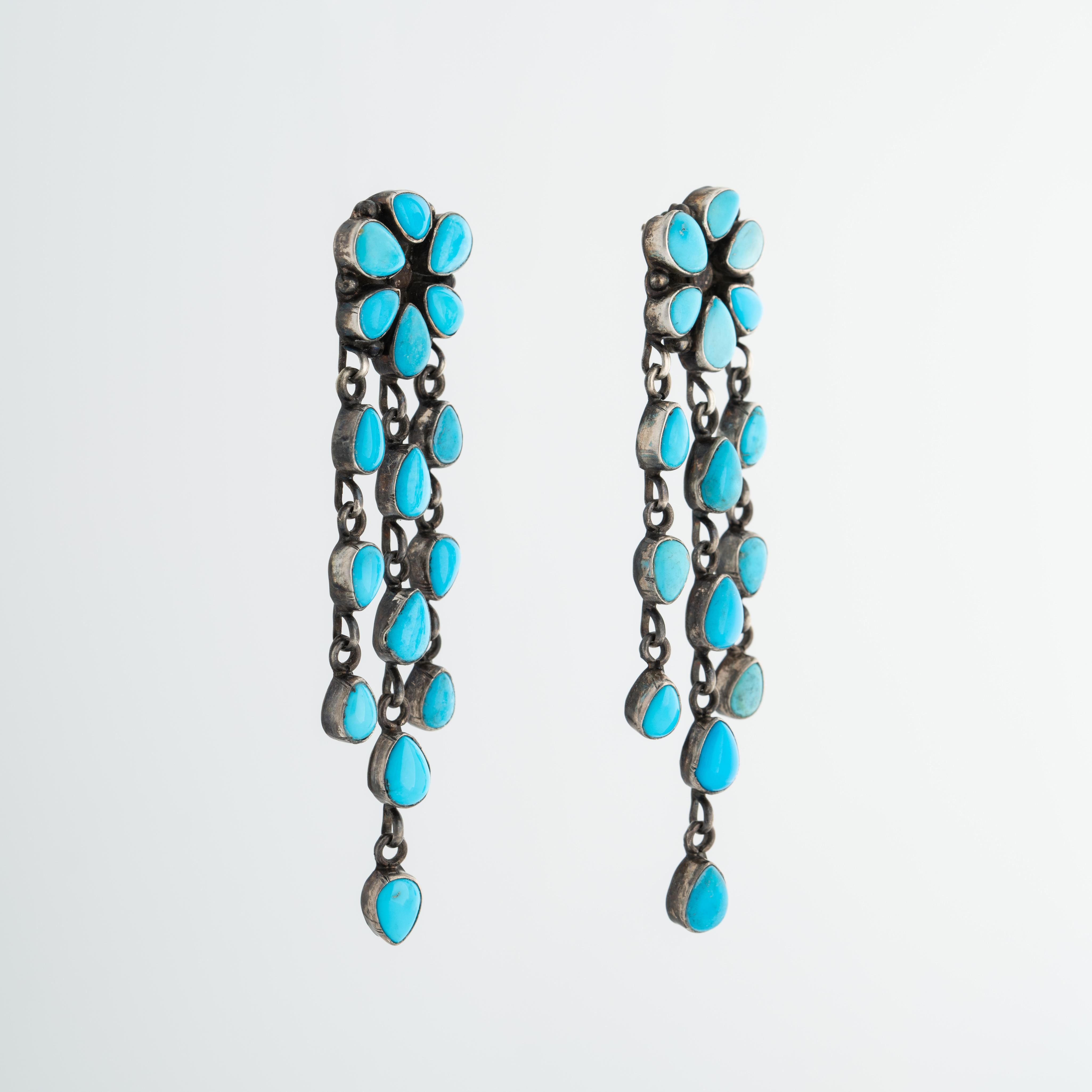 Pear Cut Vintage Signed Navajo Native American Sleeping Beauty Turquoise Long Earrings