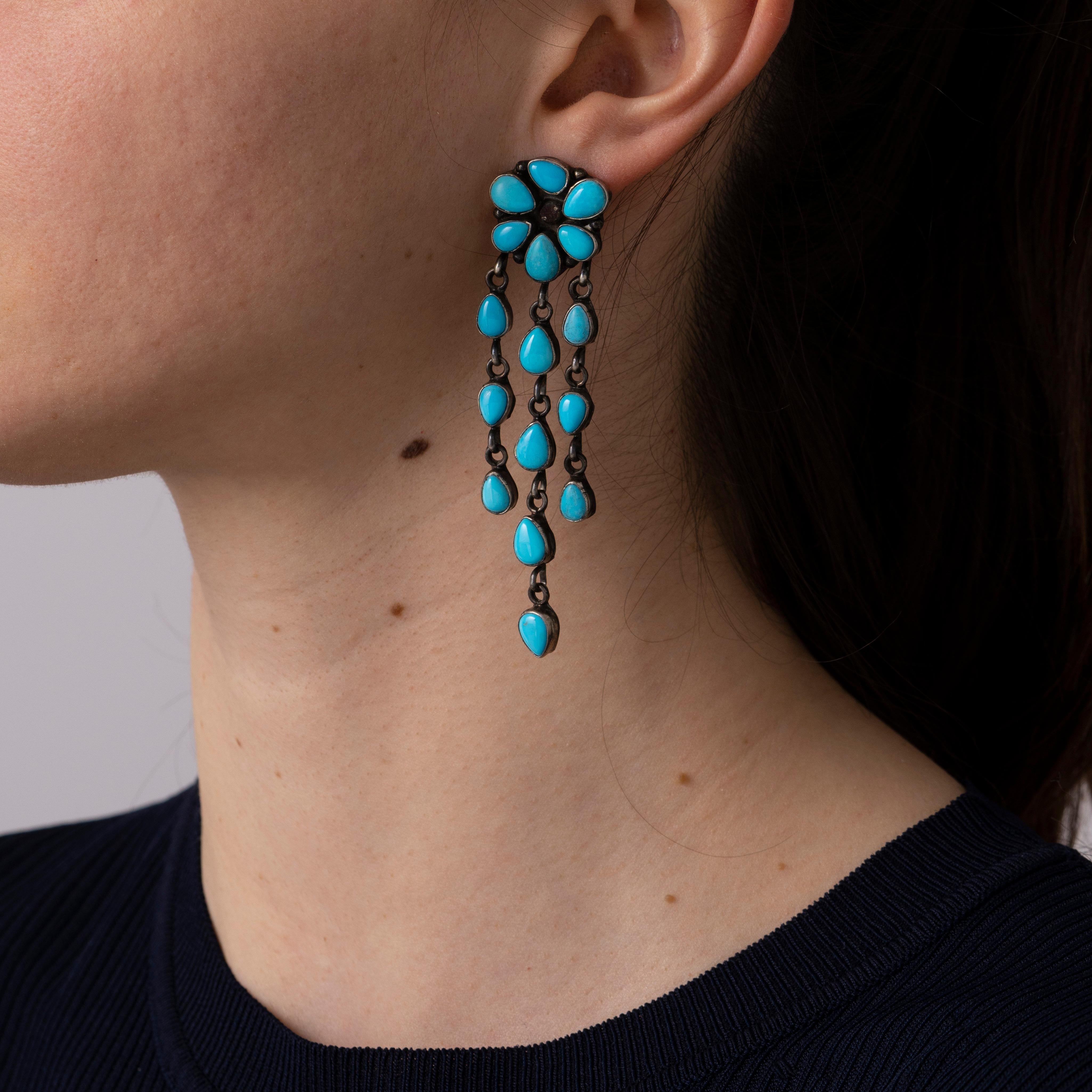 Women's or Men's Vintage Signed Navajo Native American Sleeping Beauty Turquoise Long Earrings