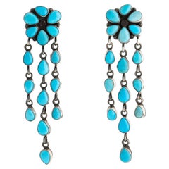 Vintage Signed Navajo Native American Sleeping Beauty Turquoise Long Earrings