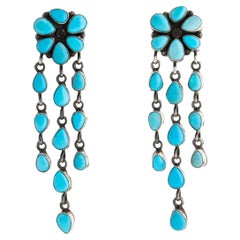 Retro Signed Navajo Native American Sleeping Beauty Turquoise Long Earrings