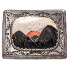 Vintage Signed Navajo Sterling Silver Multi-Stone Inlay Sunrise Belt Buckle