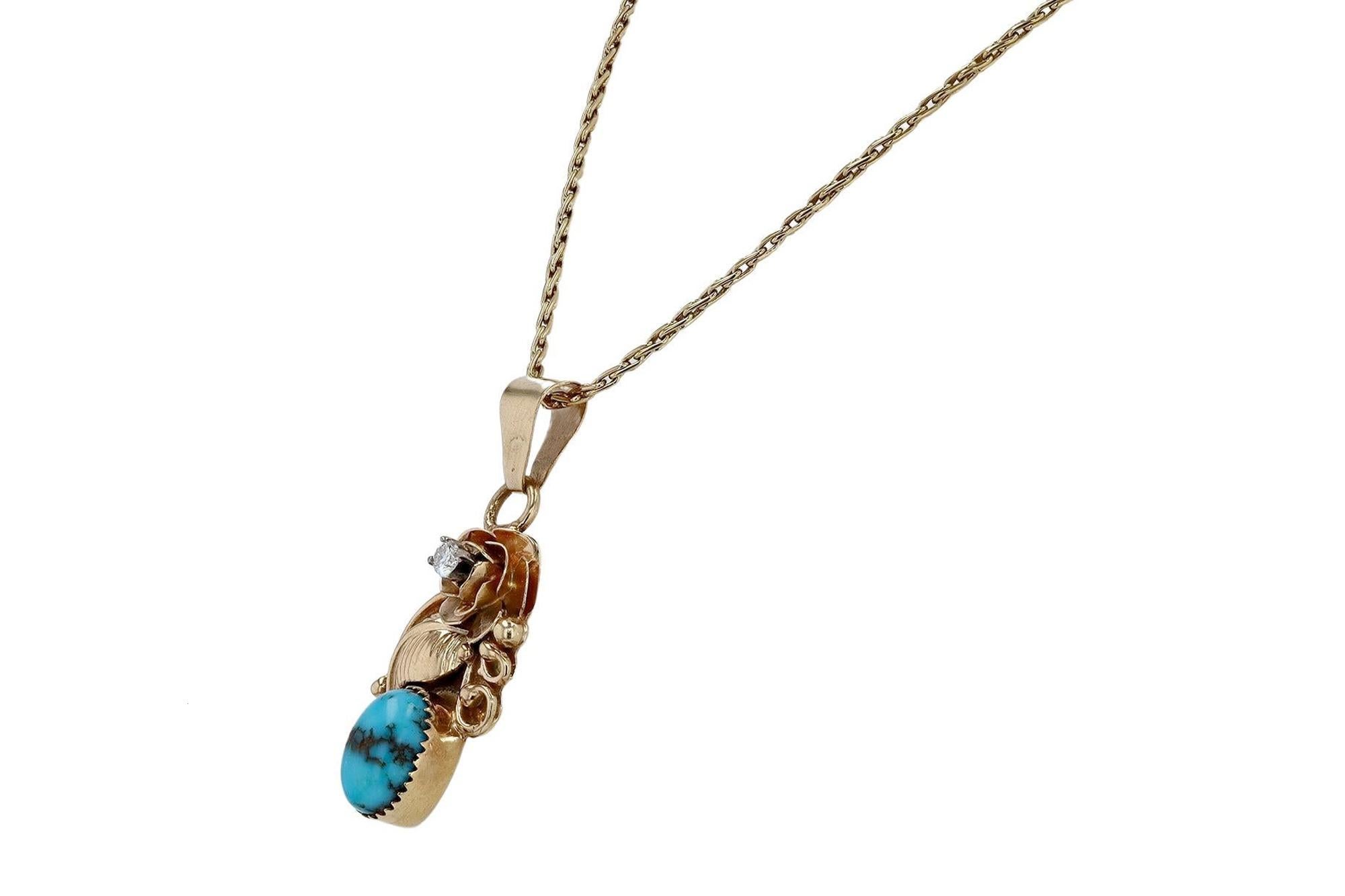 Vintage Signed Navajo Turquoise Yellow Gold Necklace In Good Condition In Santa Barbara, CA
