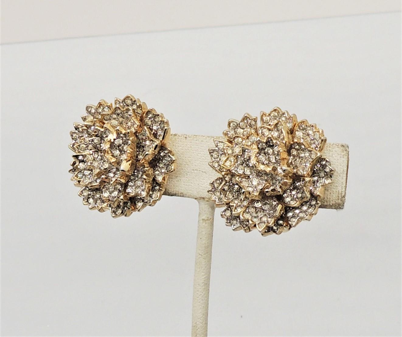 Modern Vintage Signed Nettie Rosenstein Goldtone Pave Rhinestone Flower Clip Earrings