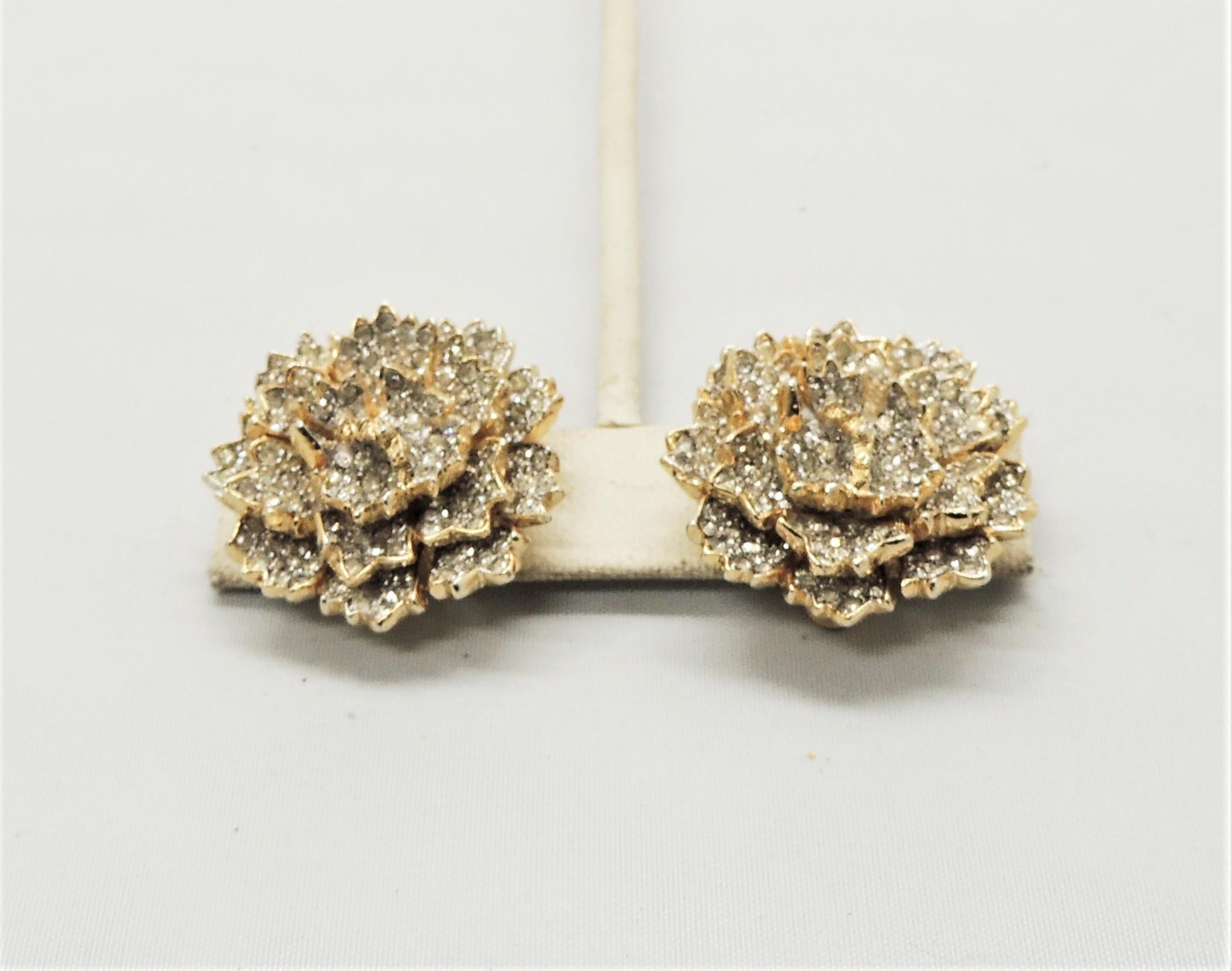 Women's or Men's Vintage Signed Nettie Rosenstein Goldtone Pave Rhinestone Flower Clip Earrings