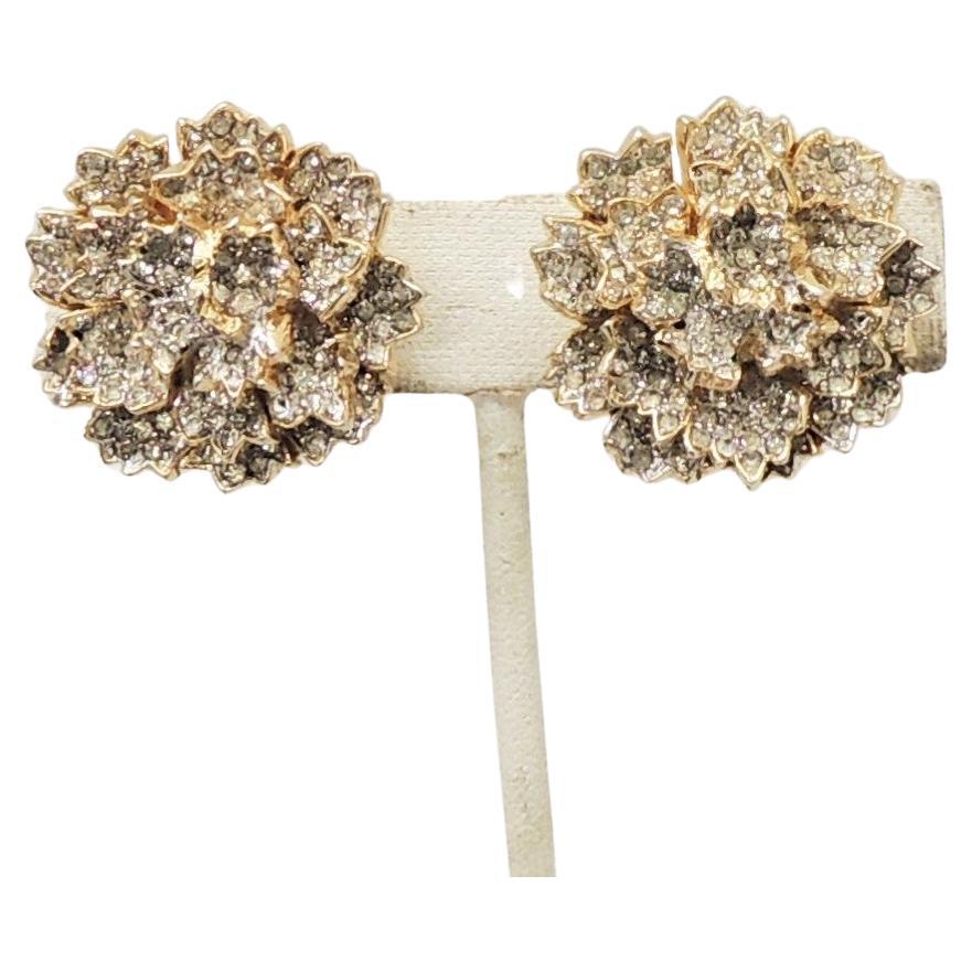 Vintage Signed Nettie Rosenstein Goldtone Pave Rhinestone Flower Clip Earrings