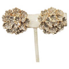 Vintage Signiert Nettie Rosenstein Goldfarbene Pave Strass Blume Clip-Ohrringe, Vintage