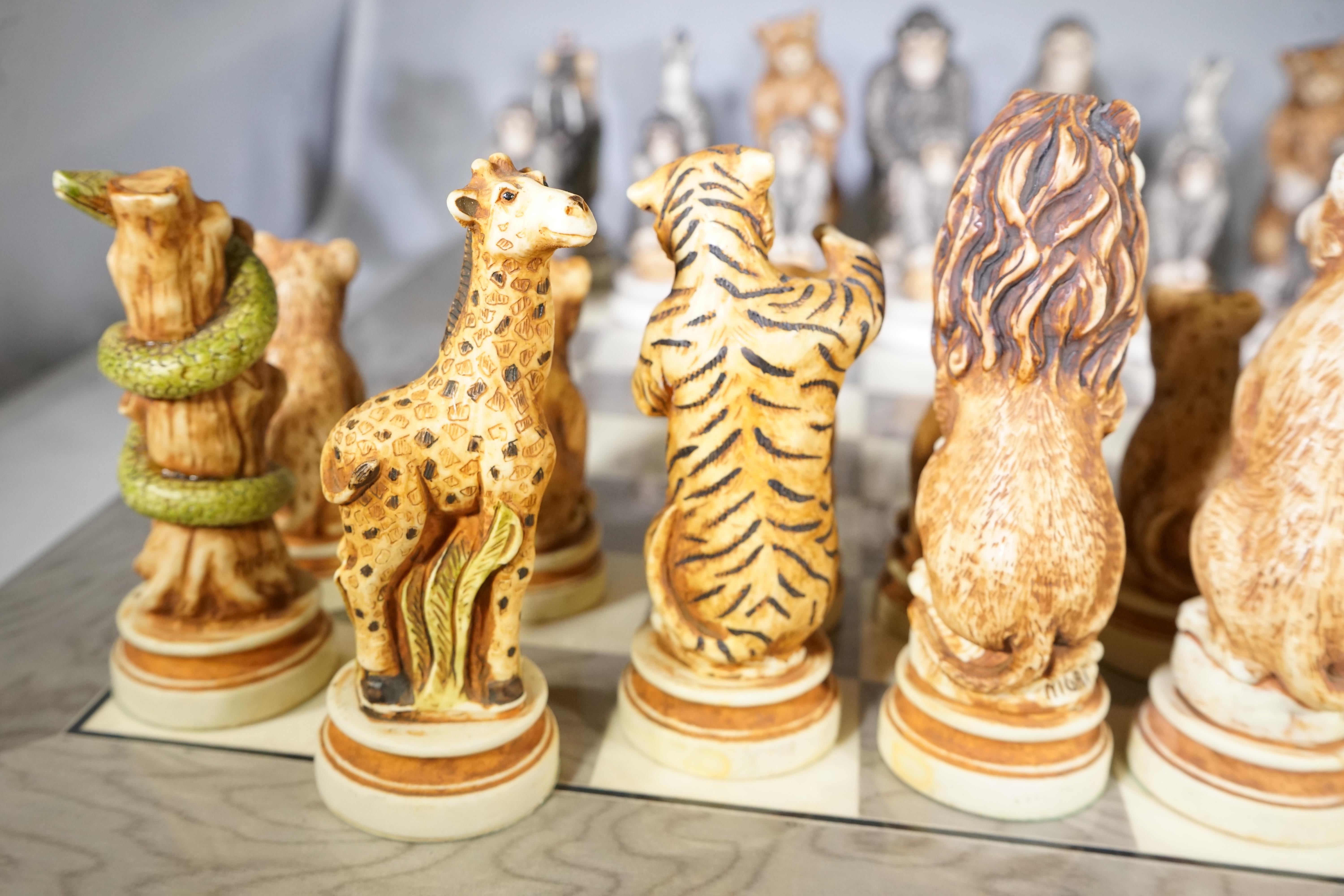 Hand-Painted Vintage Signed Nigri Animal Kingdom Chess Set