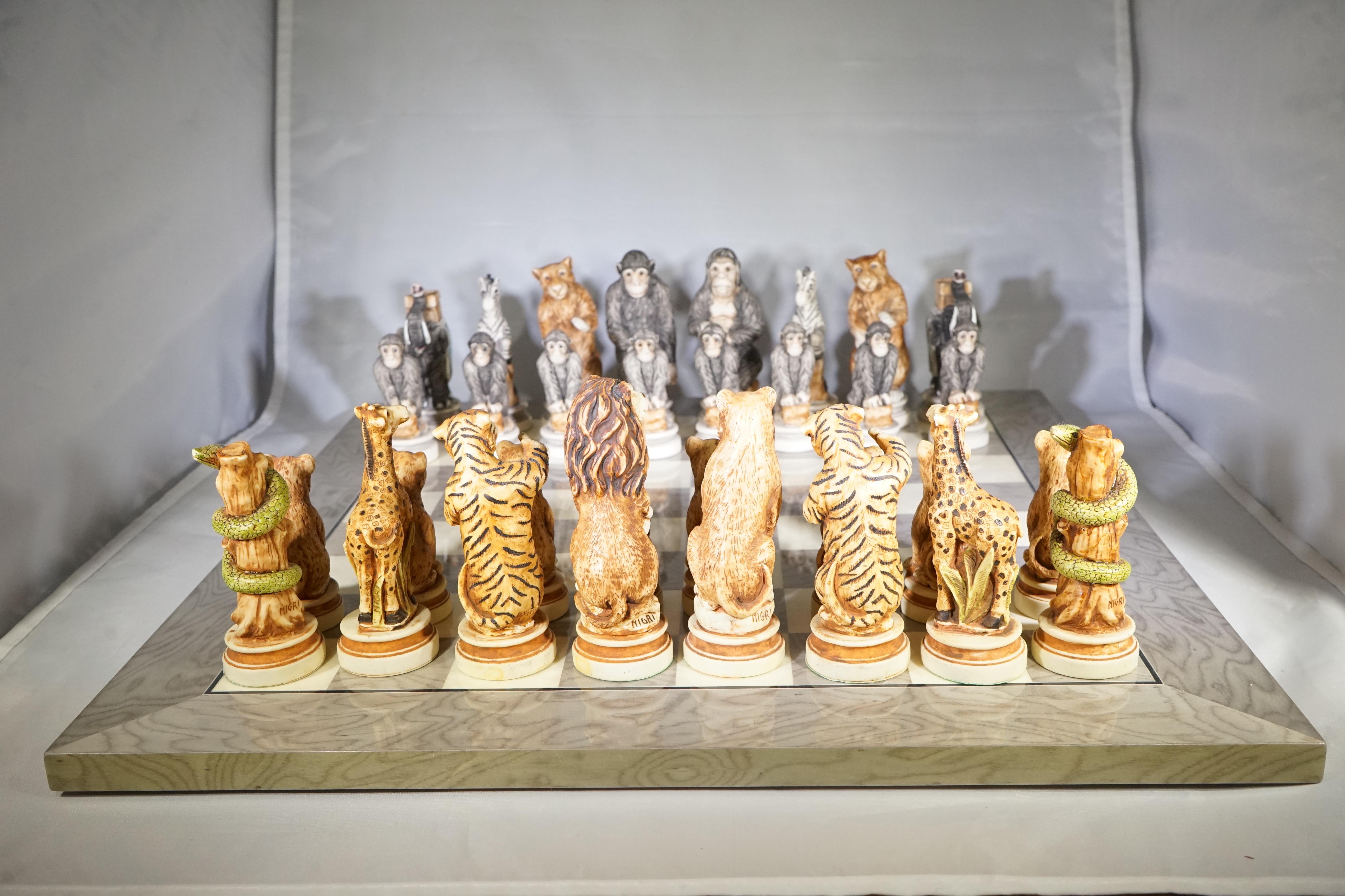 Vintage Signed Nigri Animal Kingdom Chess Set In Good Condition In Aspen, CO