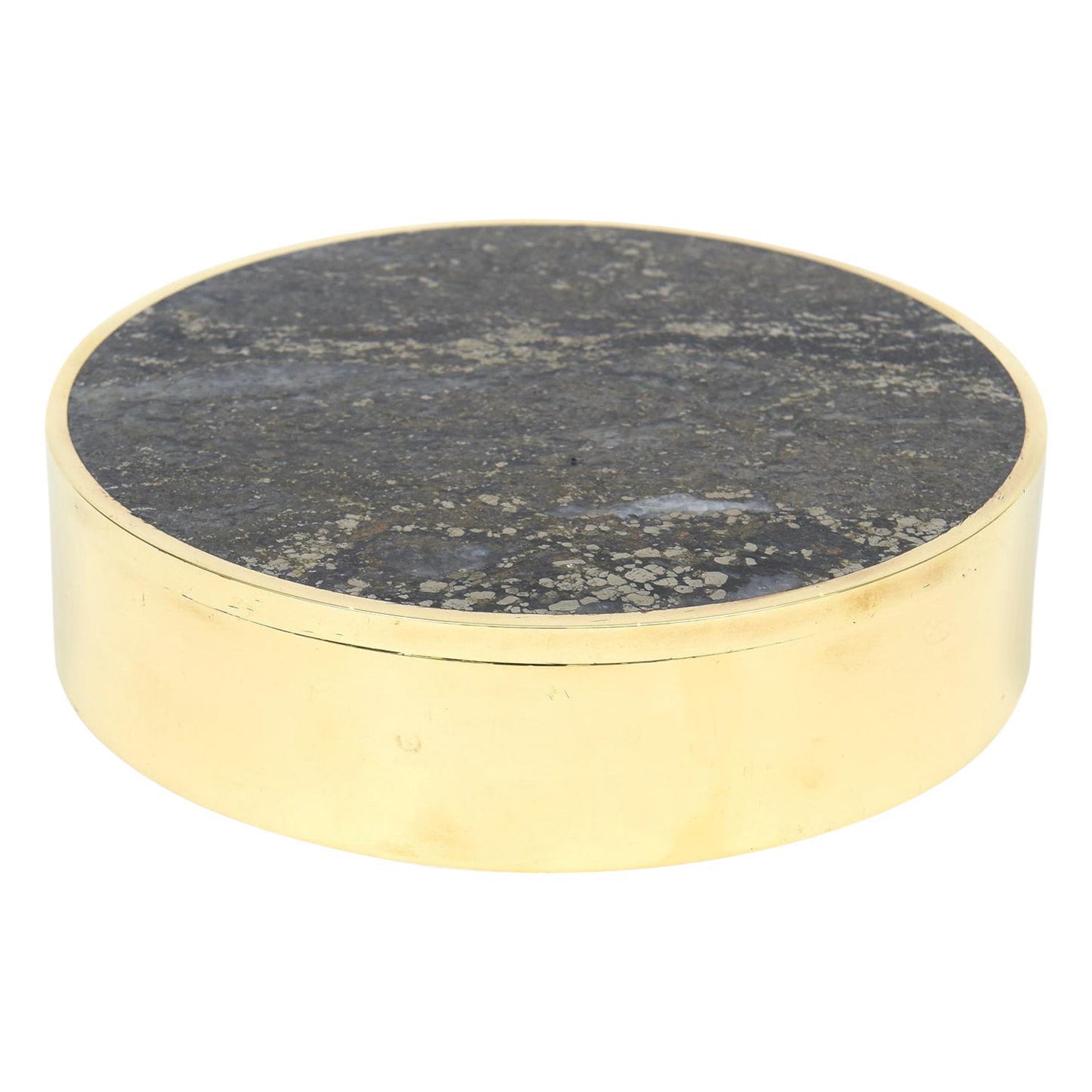 Vintage Signed Norwegian Stone and Brass Round Box Desk Accessory