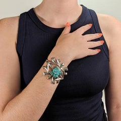 Vintage Signed Old Pawn Navajo Silver & Matrix Turquoise Cuff Bracelet