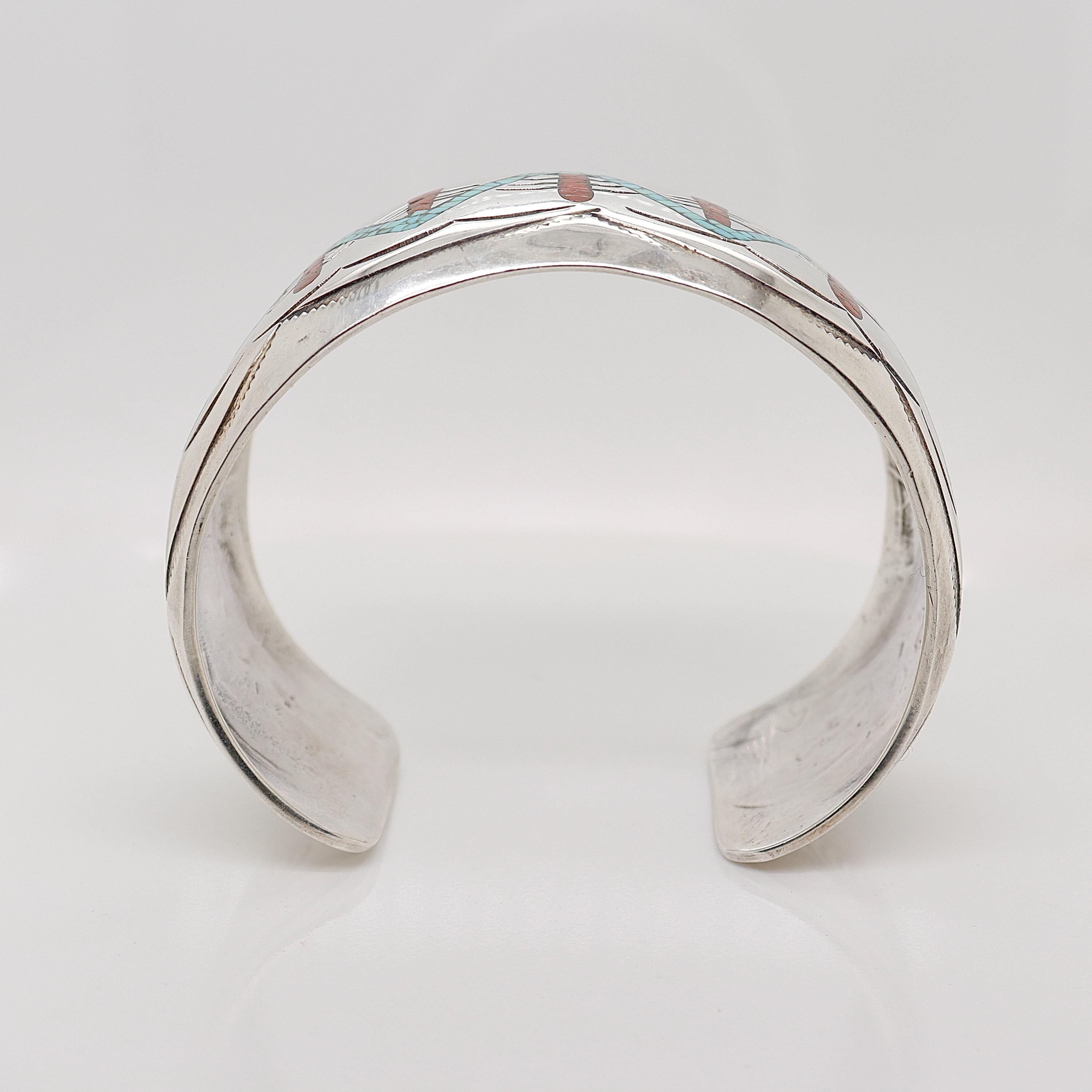 Manschettenarmband, signiert Old Pawn, Navajo Silber, Türkis und Koralle 2