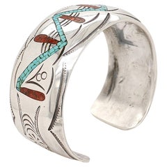 Vintage Signed Old Pawn Navajo Silver, Turquoise, and Coral Cuff Bracelet