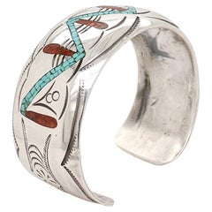 Bracelet manchette vintage signé Old Pawn Navajo en argent, turquoise et corail