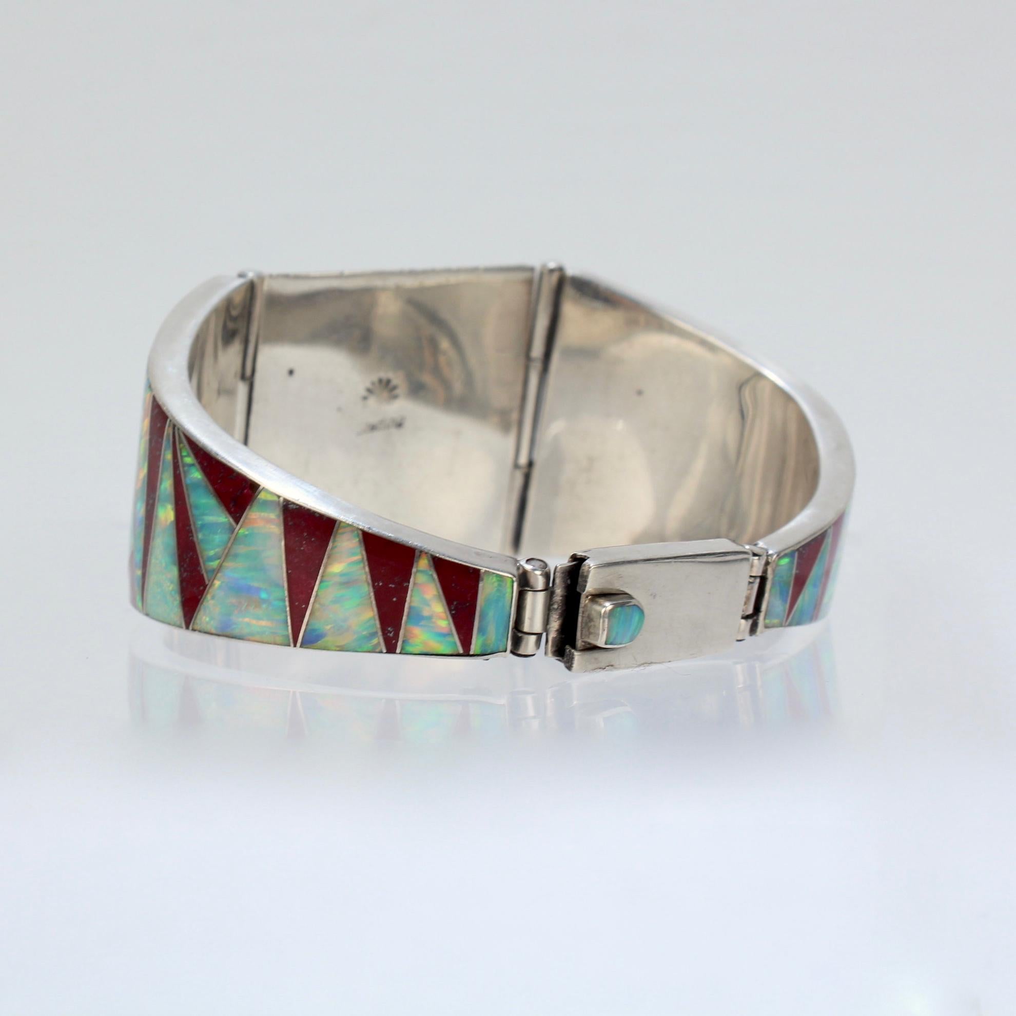 Round Cut Vintage Signed Old Pawn Zuni Sterling Silver, Opal, & Red Jasper Bracelet For Sale