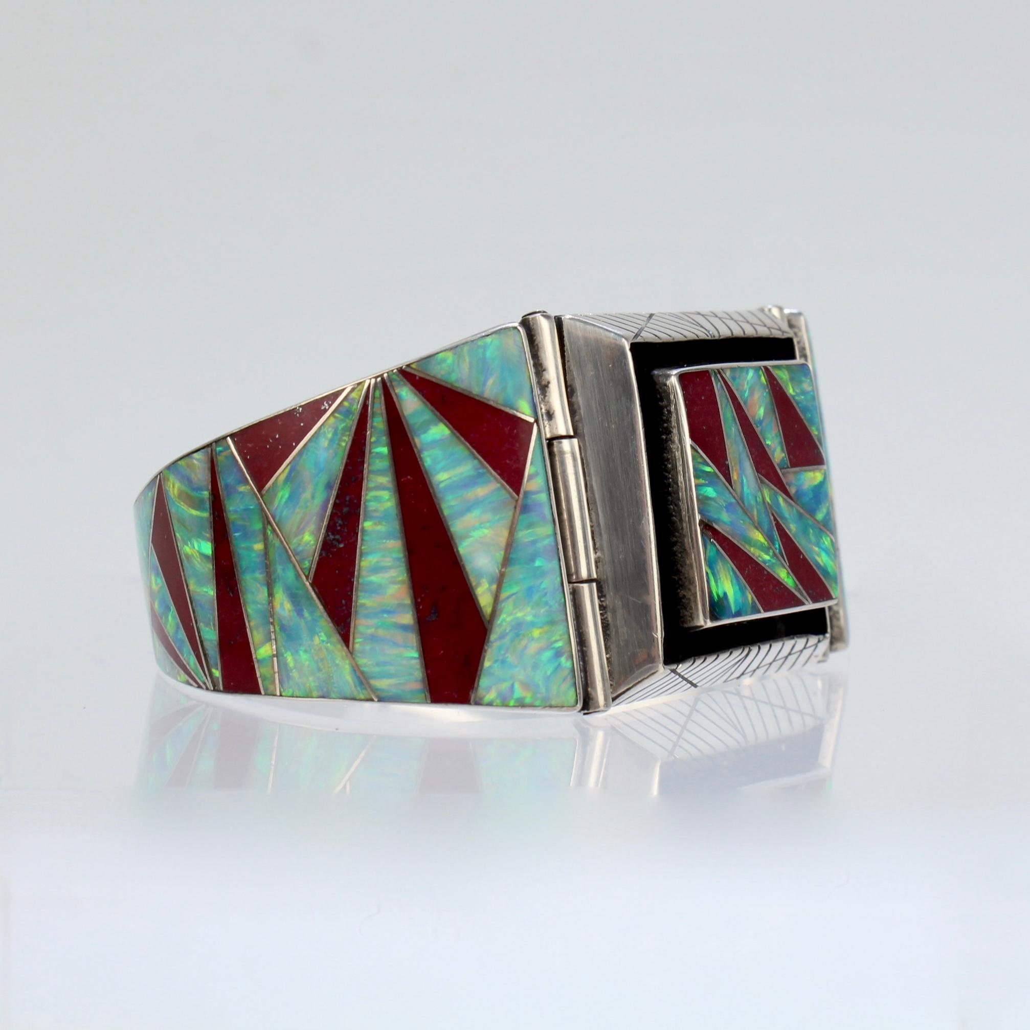 Women's or Men's Vintage Signed Old Pawn Zuni Sterling Silver, Opal, & Red Jasper Bracelet For Sale