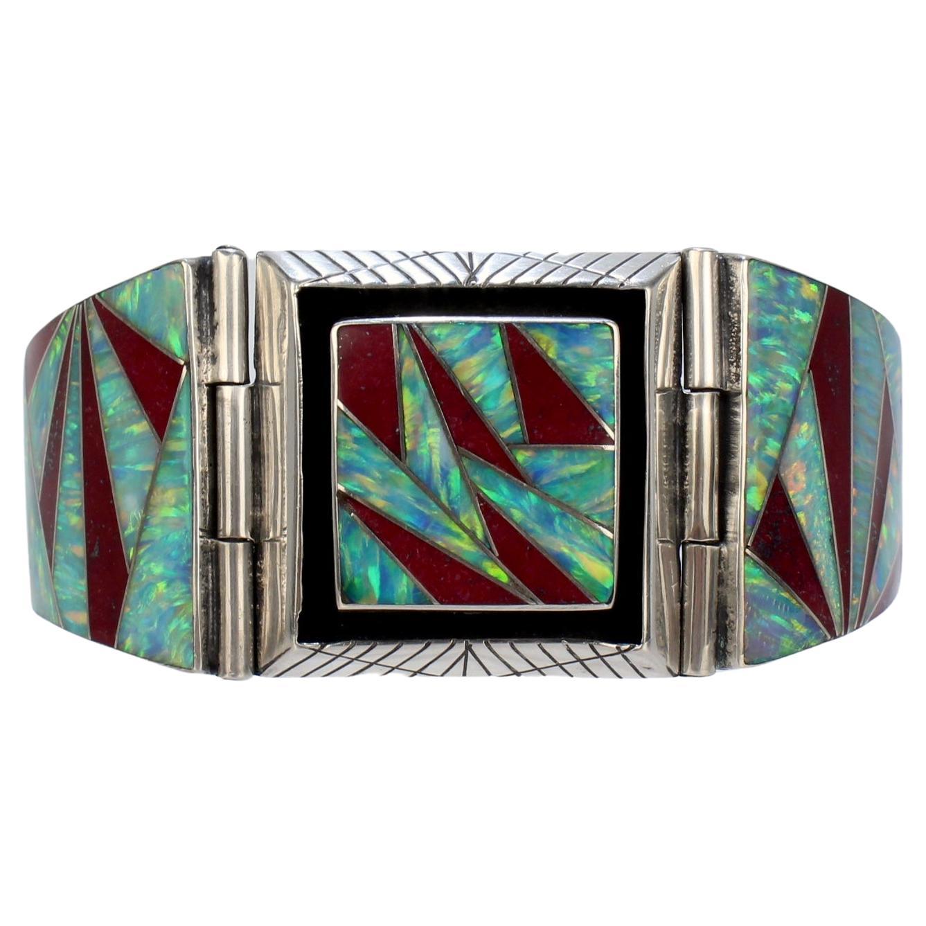 Bracelet vintage signé Old Pawn Zuni en argent sterling, opale et jaspe rouge en vente