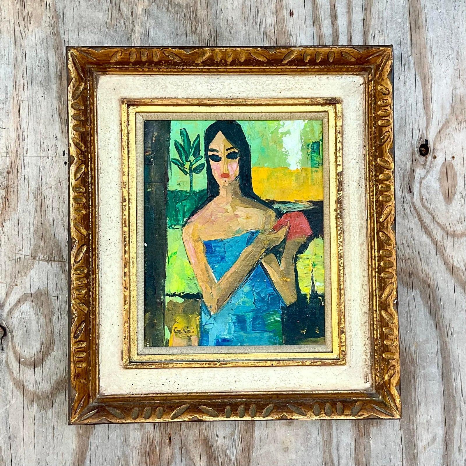 A fabulous vintage Boho original oil painting on canvas. A chic Abstract Expressionist of a young woman. Brilliant clear color in a thick impasto style. Signed by the artist. Acquired from a Palm Beach estate.