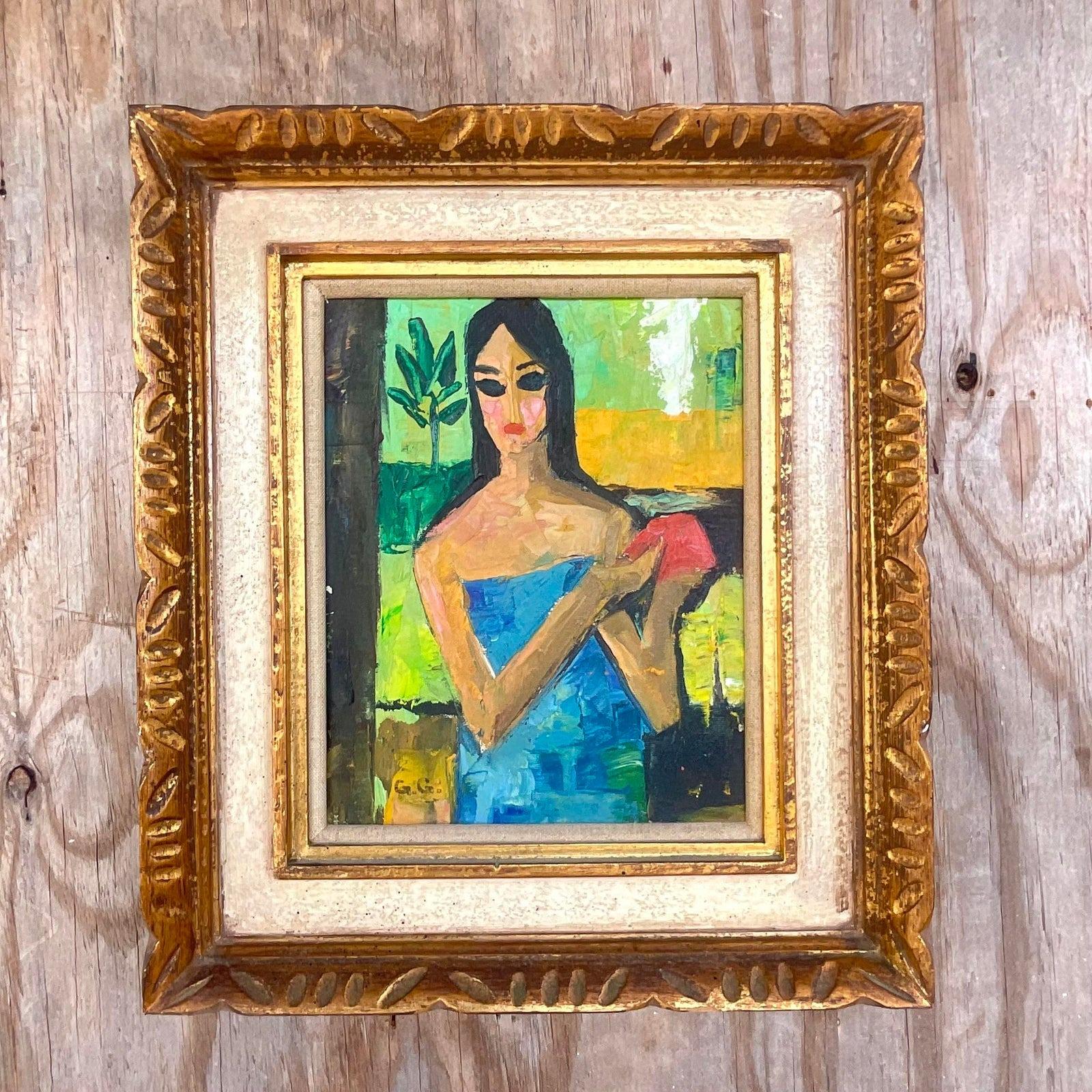 Peinture à l'huile figurative expressionniste abstraite originale signée, vintage Bon état - En vente à west palm beach, FL
