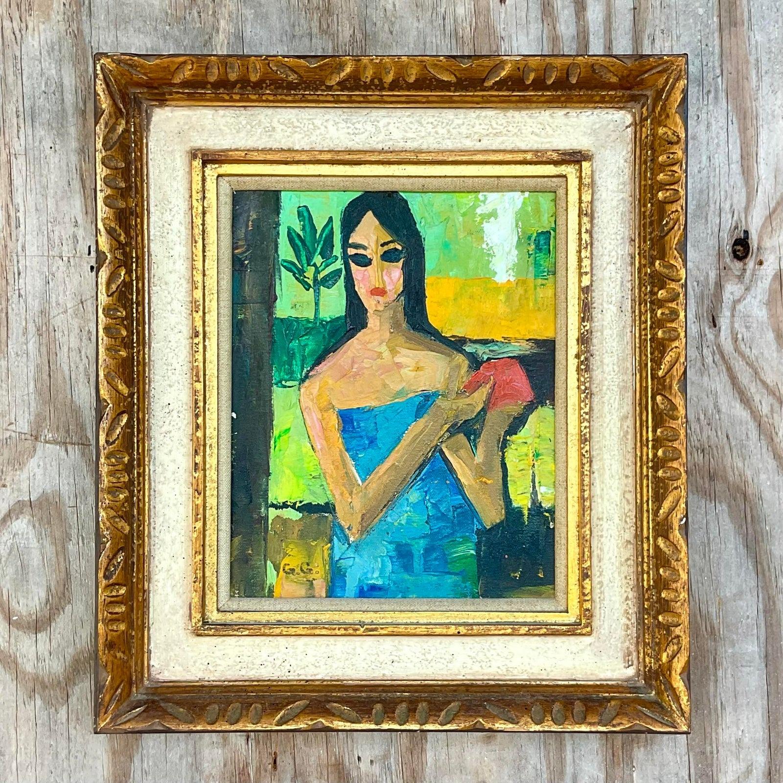Canvas Vintage Signed Original Abstract Expressionist Figural Oil Painting For Sale