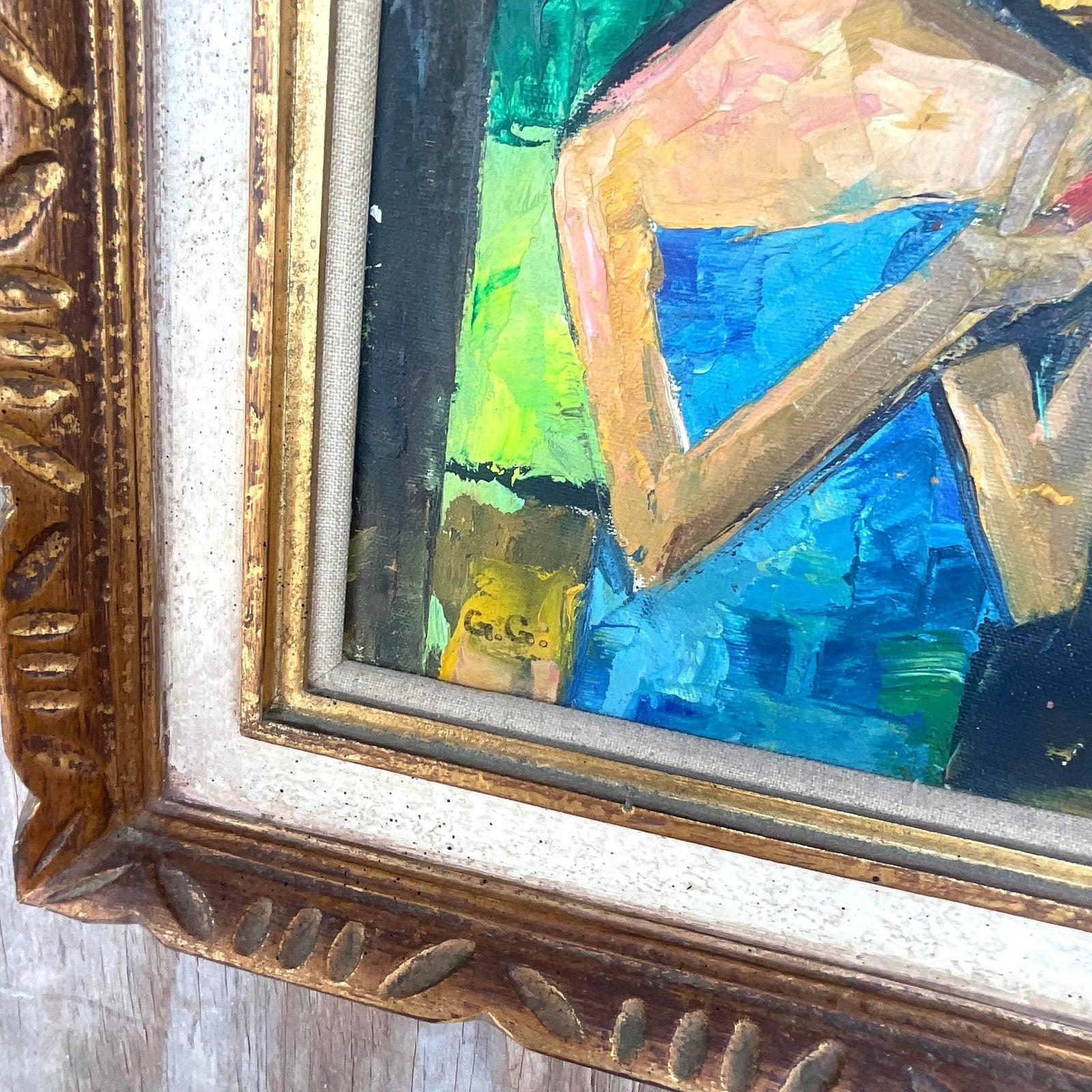 Vintage Signed Original Abstract Expressionist Figural Oil Painting For Sale 3